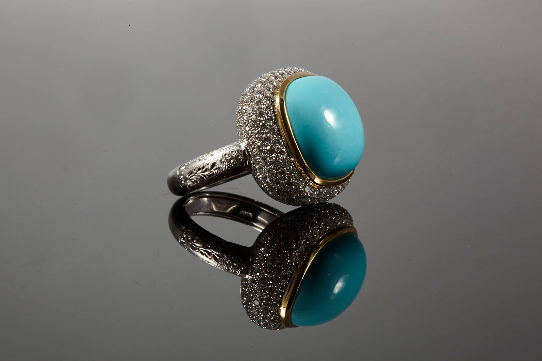 Women's or Men's 18 Karat White Gold Turquoise and Diamond Cocktail Ring For Sale