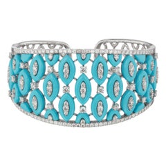  Nigaam 14.7Cts. Turquoise and 4.1 Cts. Diamond Cuff Bangle in 18k in White Gold