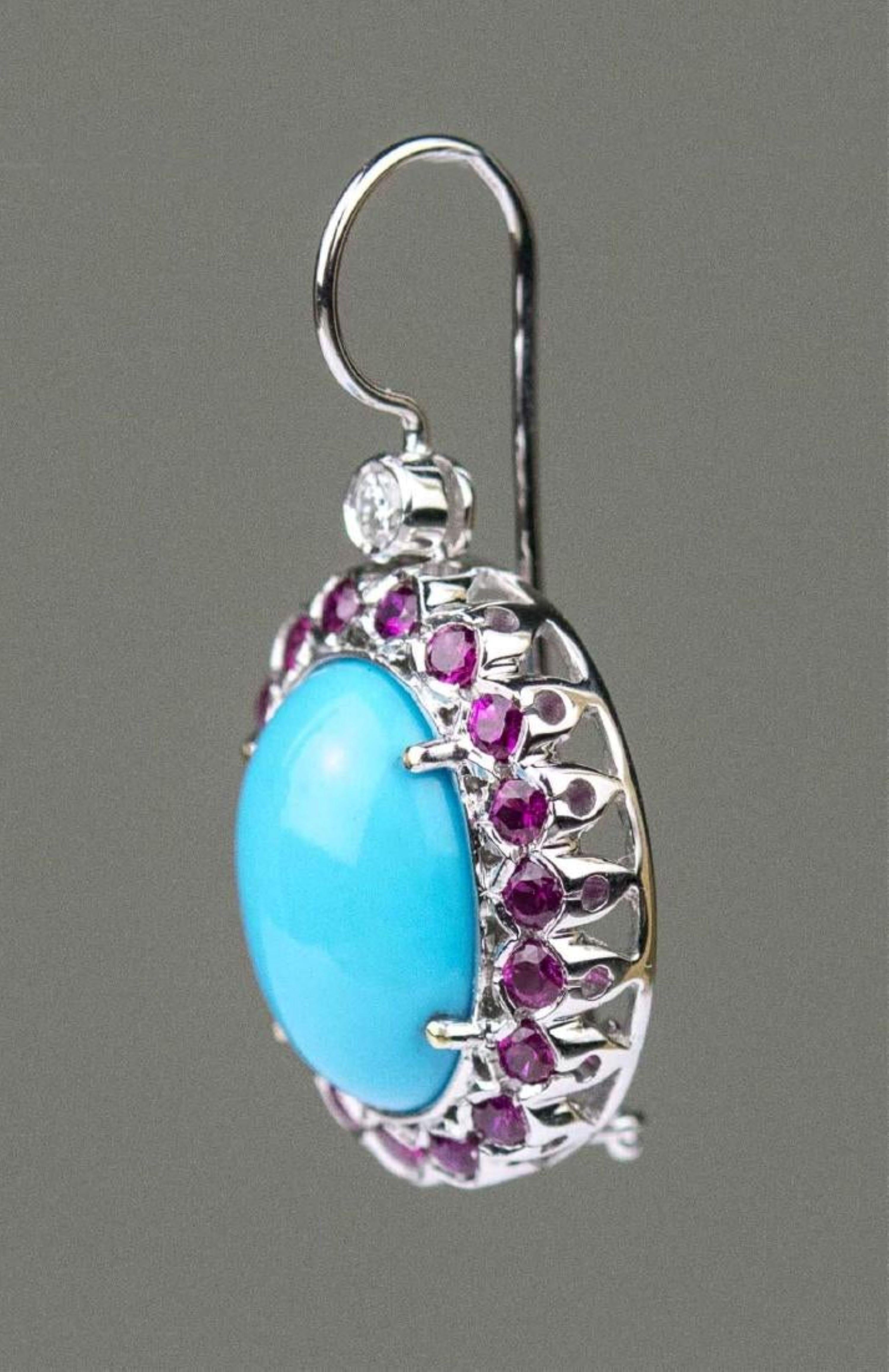 Women's 18 Karat White Gold Turquoise and Ruby Dangle Earrings For Sale