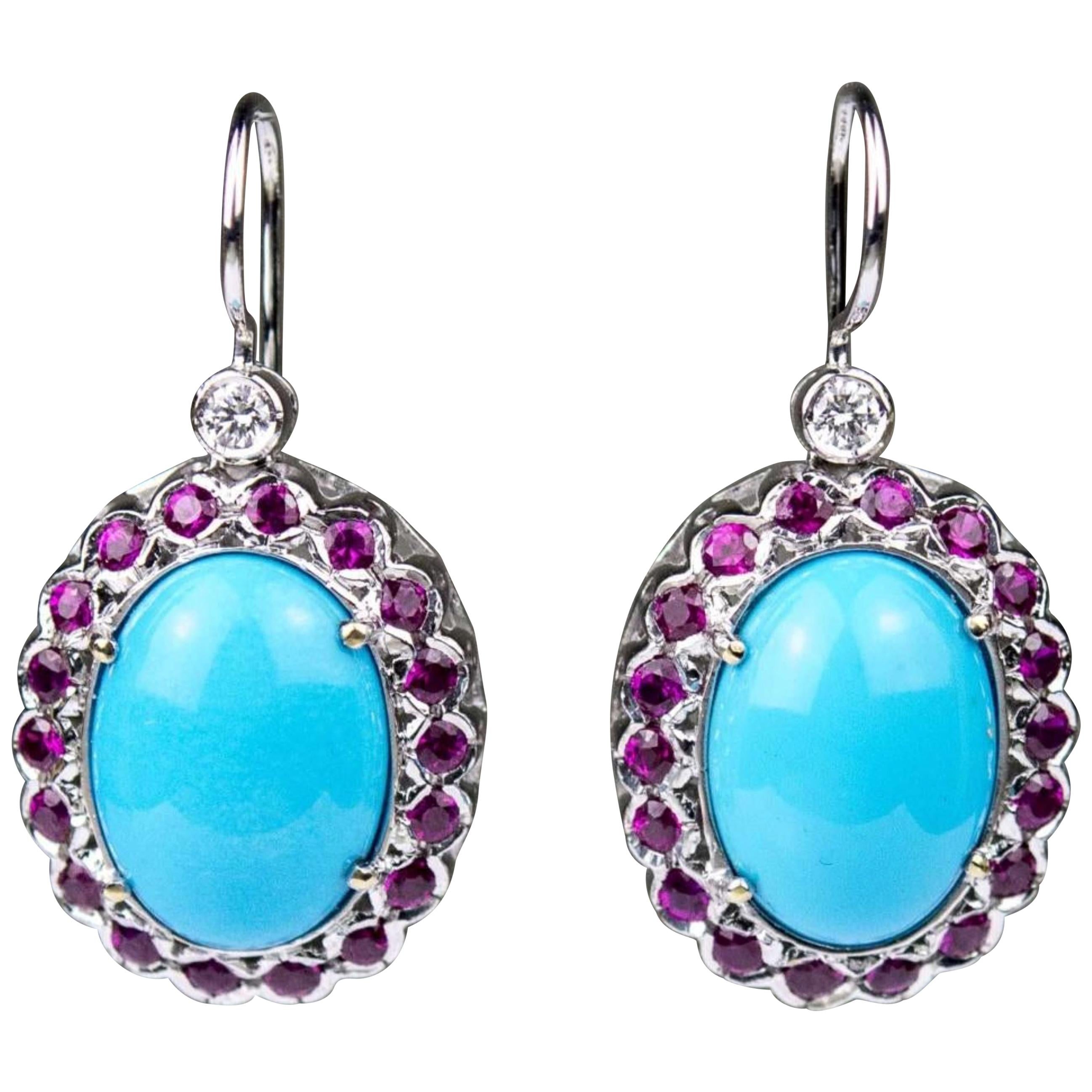 18 Karat White Gold Turquoise and Ruby Dangle Earrings For Sale