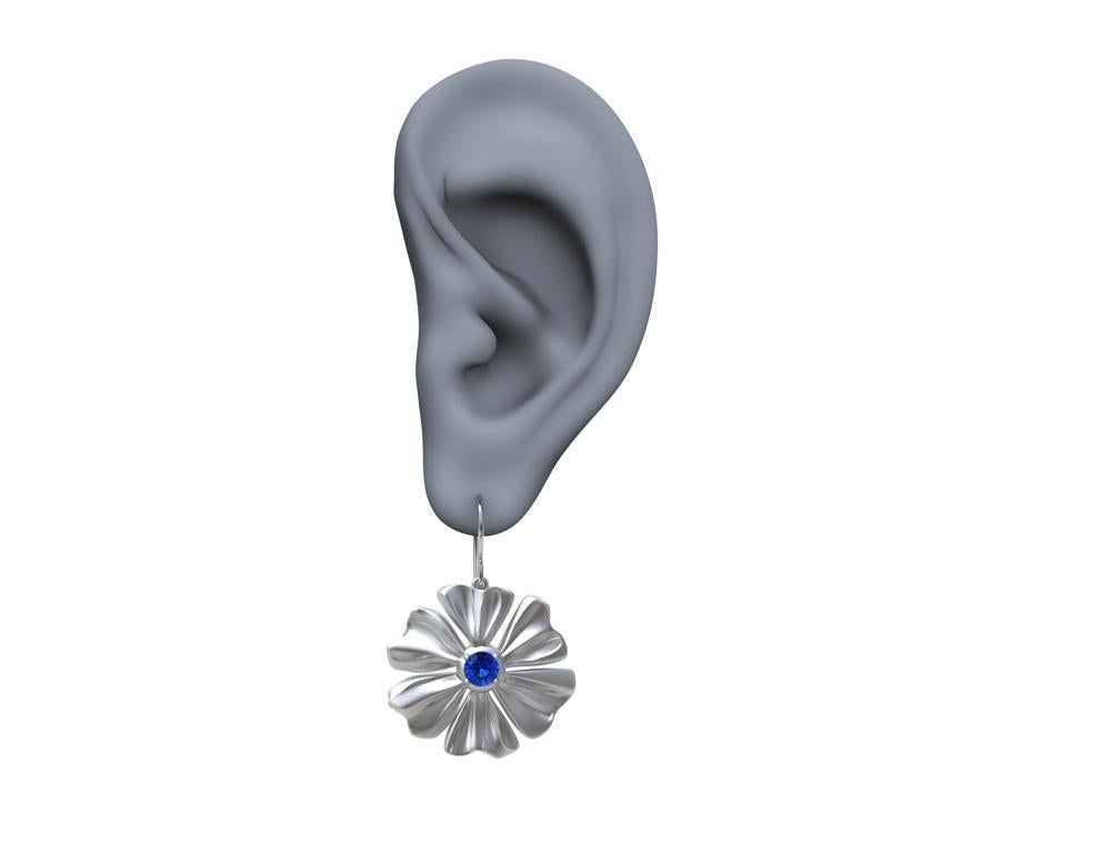 Contemporary Sterling Rhodium White  6 Petal Star Flower with Blue Sapphires For Sale