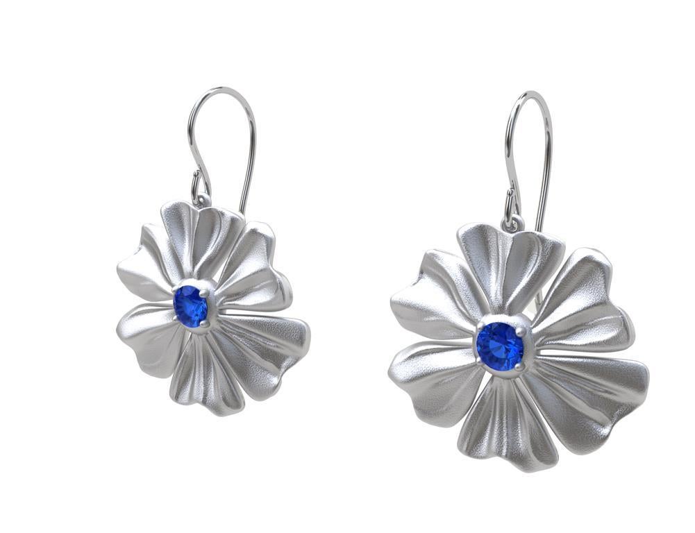 Round Cut Sterling Rhodium White  6 Petal Star Flower with Blue Sapphires For Sale