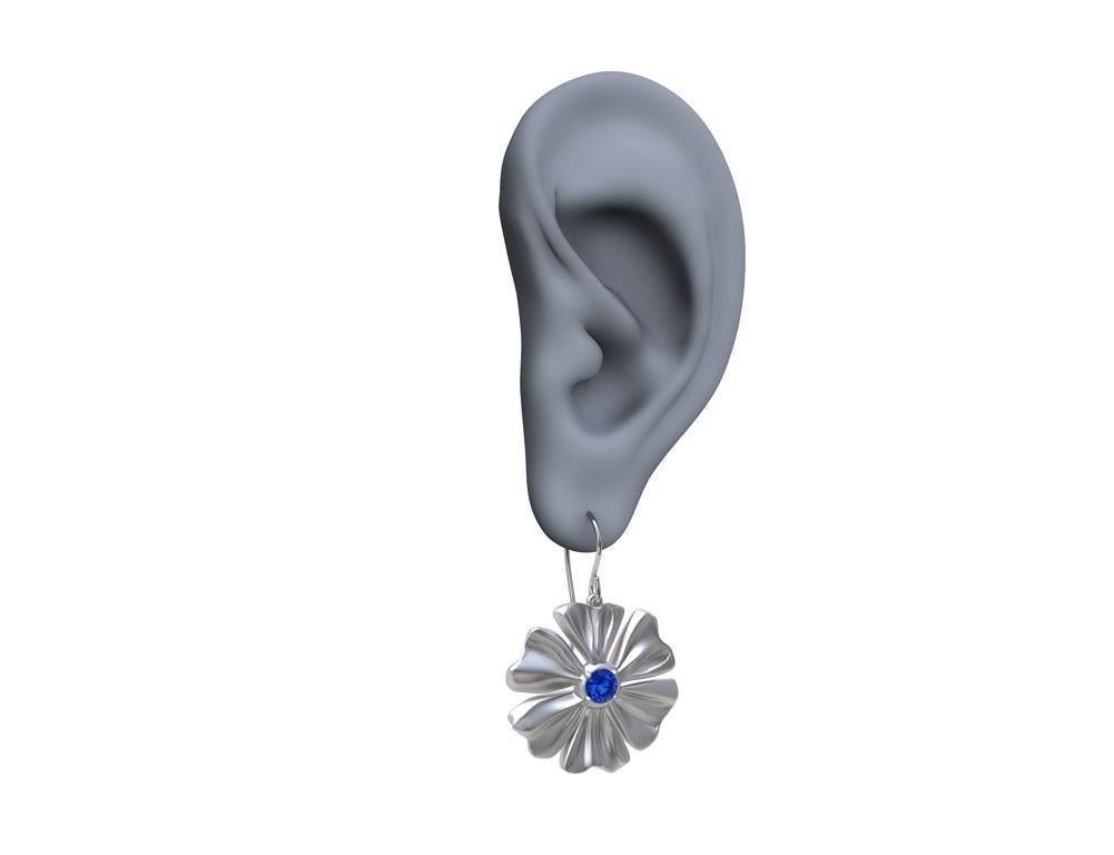 Women's Sterling Rhodium White  6 Petal Star Flower with Blue Sapphires For Sale