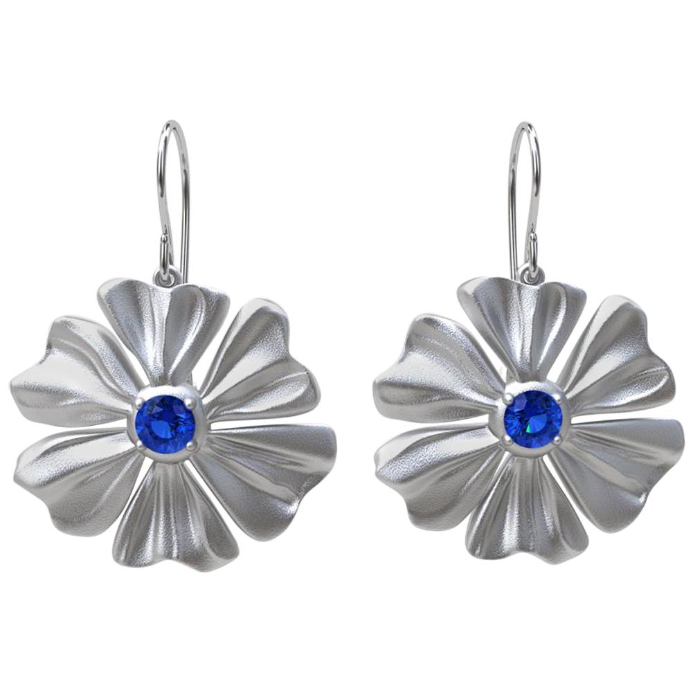Sterling Rhodium White  6 Petal Star Flower with Blue Sapphires For Sale