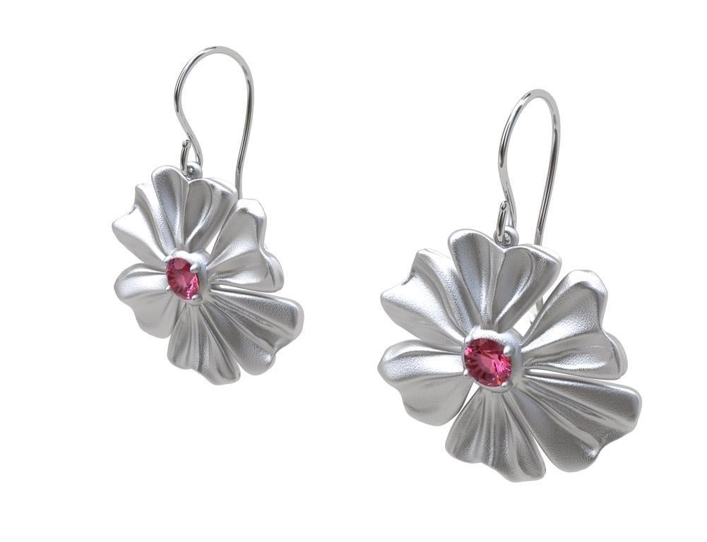 Round Cut Rhodium White 6 Heart Petals Flower with Pink Sapphires For Sale