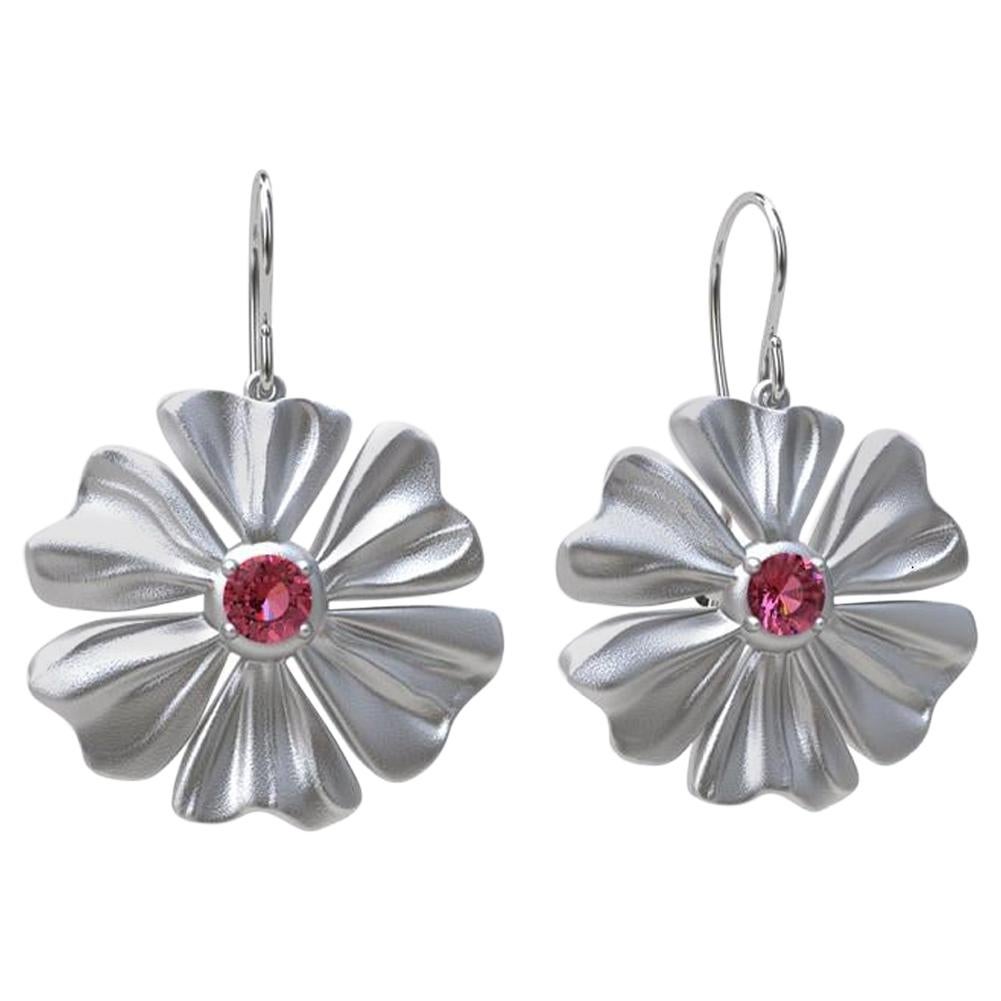 Rhodium White 6 Heart Petals Flower with Pink Sapphires