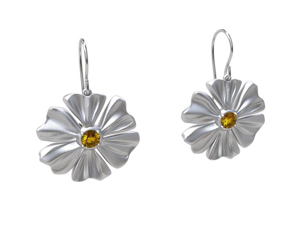Contemporary Rhodium White 6 Heart Petals Flower with Yellow Sapphires For Sale