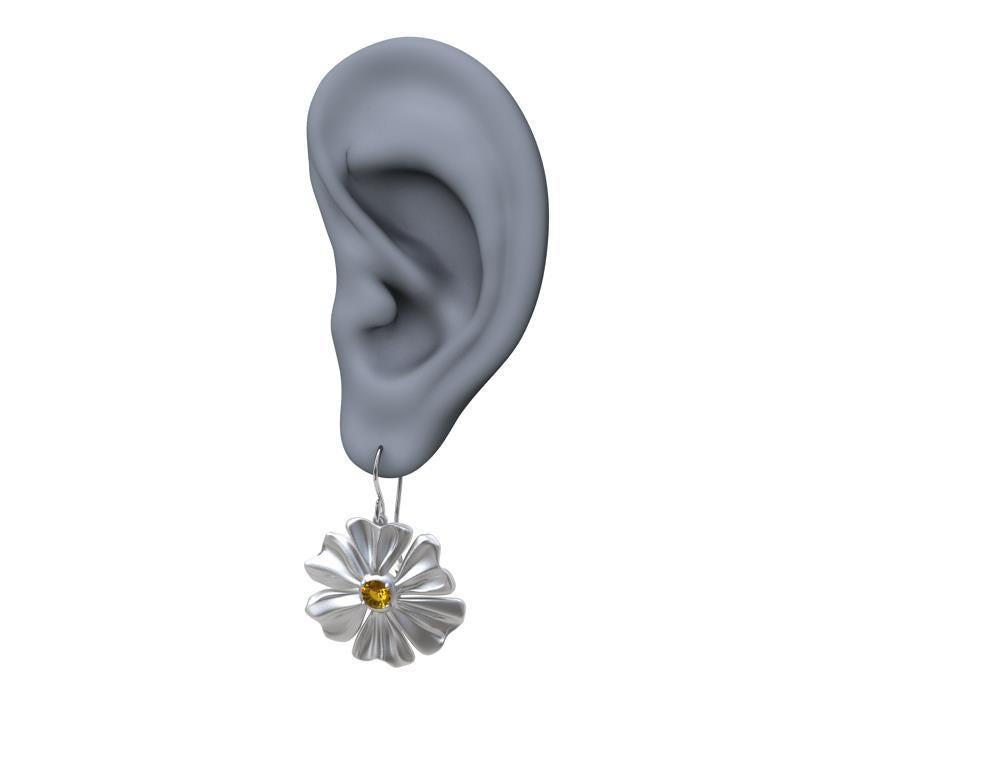 Round Cut Rhodium White 6 Heart Petals Flower with Yellow Sapphires For Sale
