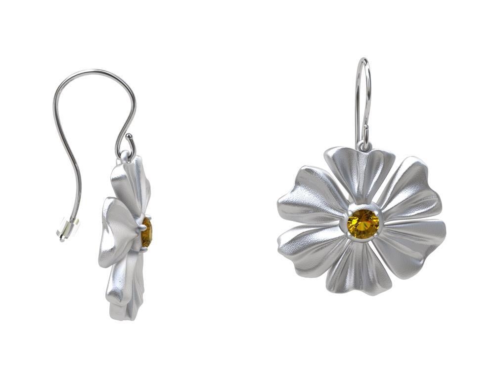 Rhodium White 6 Heart Petals Flower with Yellow Sapphires For Sale 1