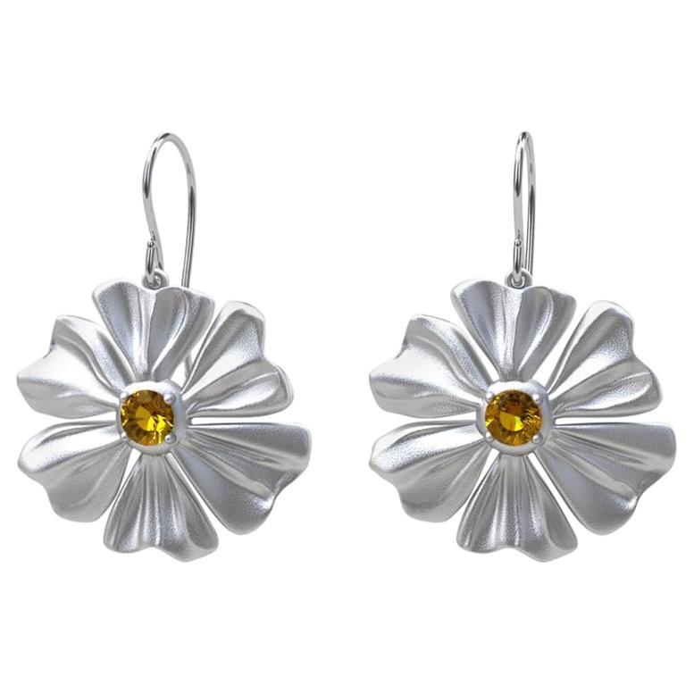 Fleur en rhodium blanc à 6 pétales en forme de cœur avec saphirs jaunes