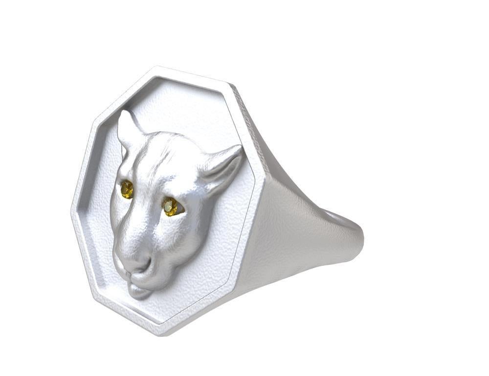 For Sale:  18 Karat White Gold Vermeil Colorado Cougar Signet Ring and Yellow Sapphire Eyes 4