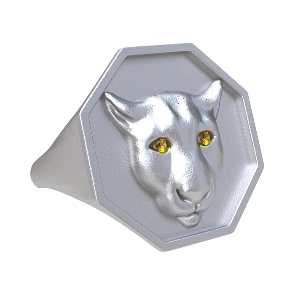 For Sale:  18 Karat White Gold Vermeil Colorado Cougar Signet Ring and Yellow Sapphire Eyes