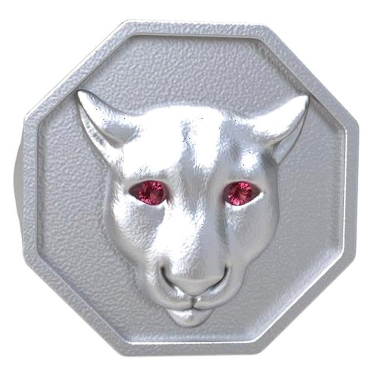 For Sale:  Rhodium White Colorado Cougar Signet Ring with Pink Sapphire Eyes 2