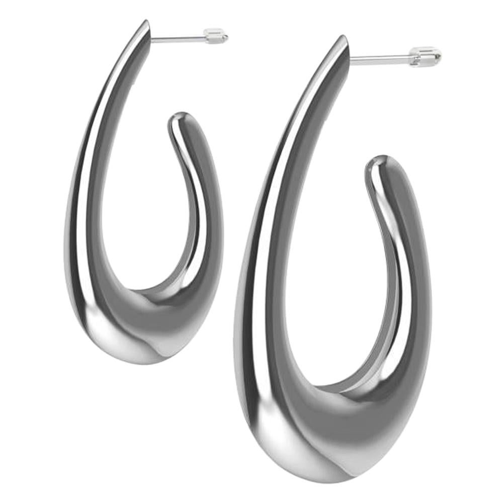 18 Karat White Gold  Teardrop Hollow Hoop Earrings For Sale