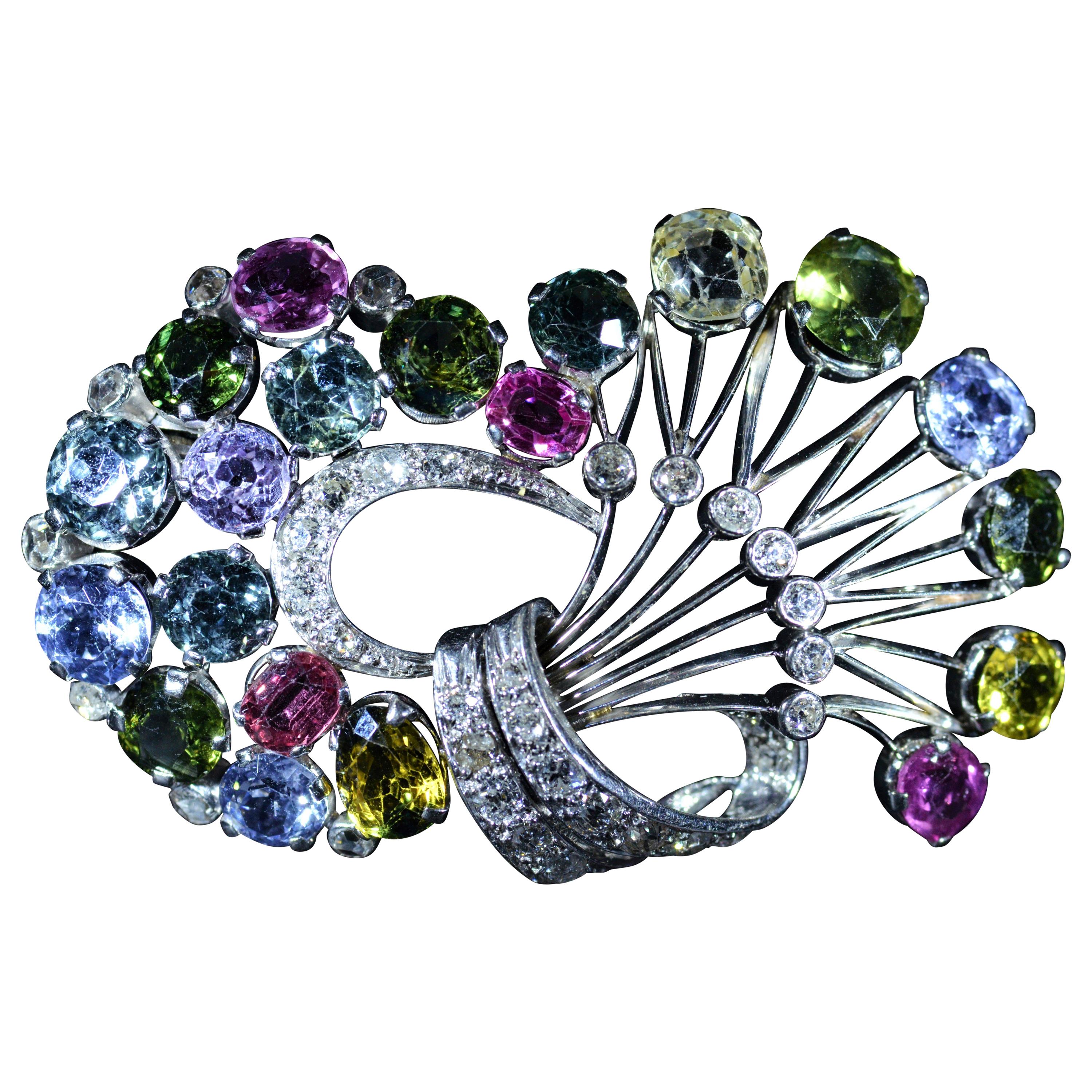 18 Karat White Gold Vibrant Pastel Style Brooch Set with Multicolor Sapphires For Sale