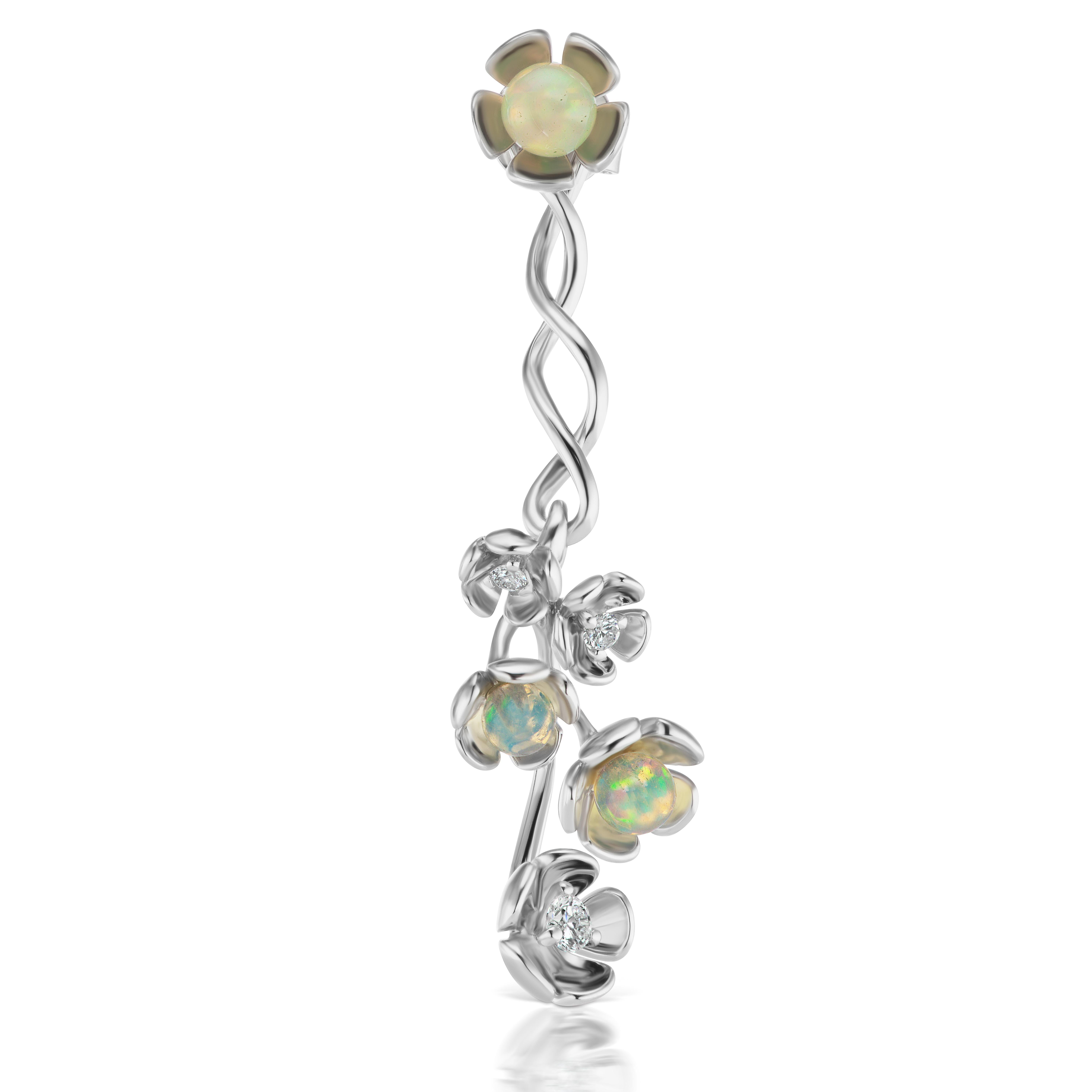 Women's 18 Karat White Gold Vine Earrings with Diamond and Opal Bead Flowers For Sale