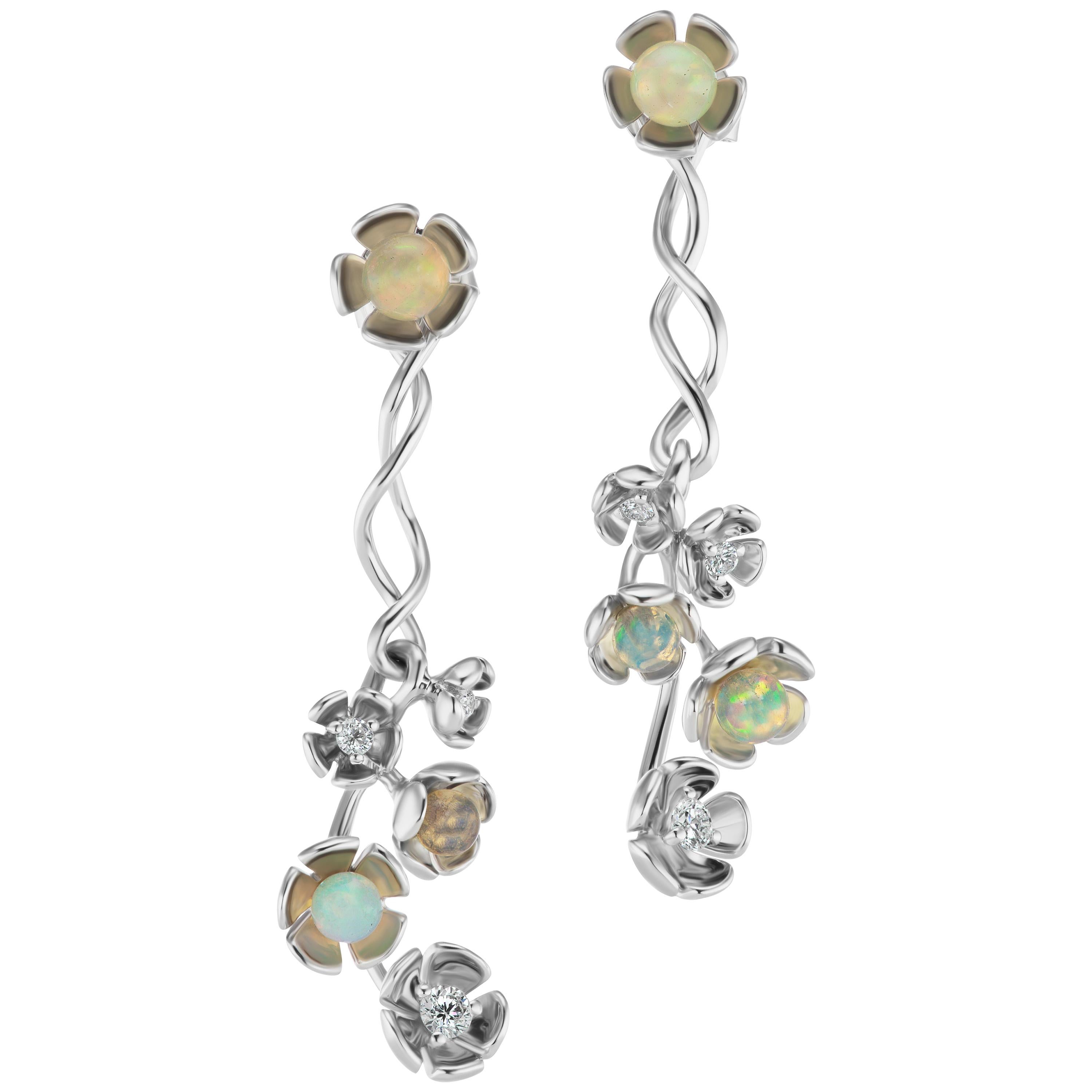 18 Karat White Gold Vine Earrings with Diamond and Opal Bead Flowers For Sale