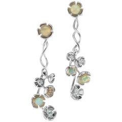 18 Karat White Gold Vine Earrings with Diamond and Opal Bead Flowers