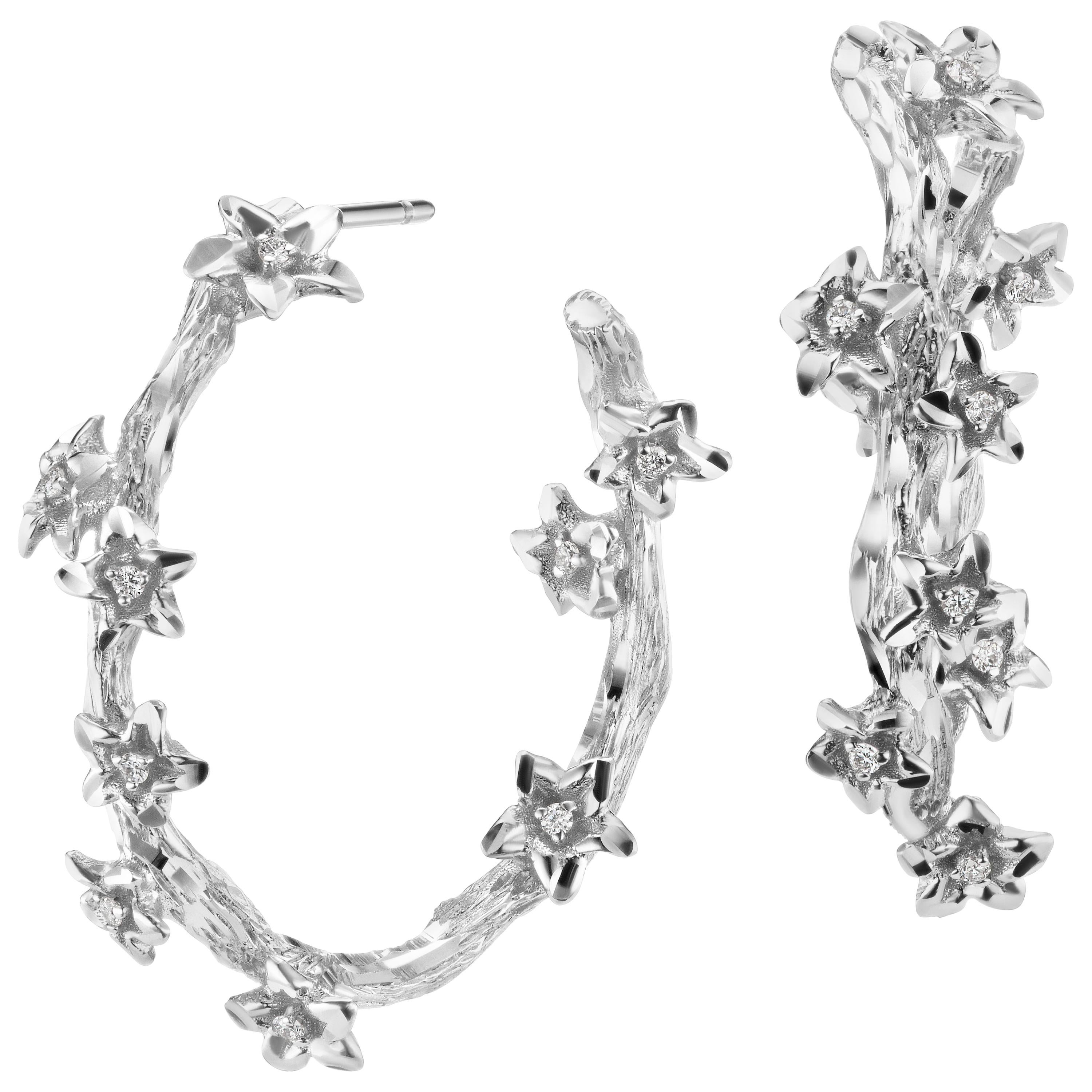 18 Karat White Gold Vine Hoop Earrings with Diamond Accents For Sale