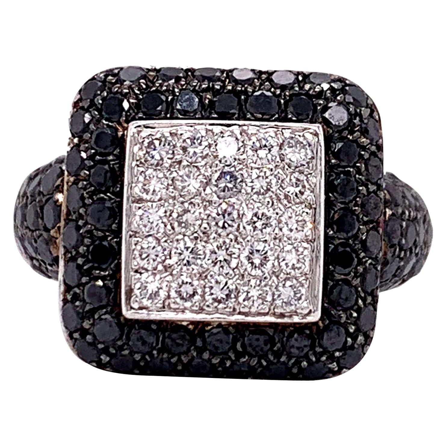 18 Karat White Gold Vintage 2.1 Carat Black and White Diamond Cluster Ring