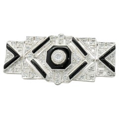 18 Karat White Gold Vintage Art Deco Diamond and Black Onyx Pin