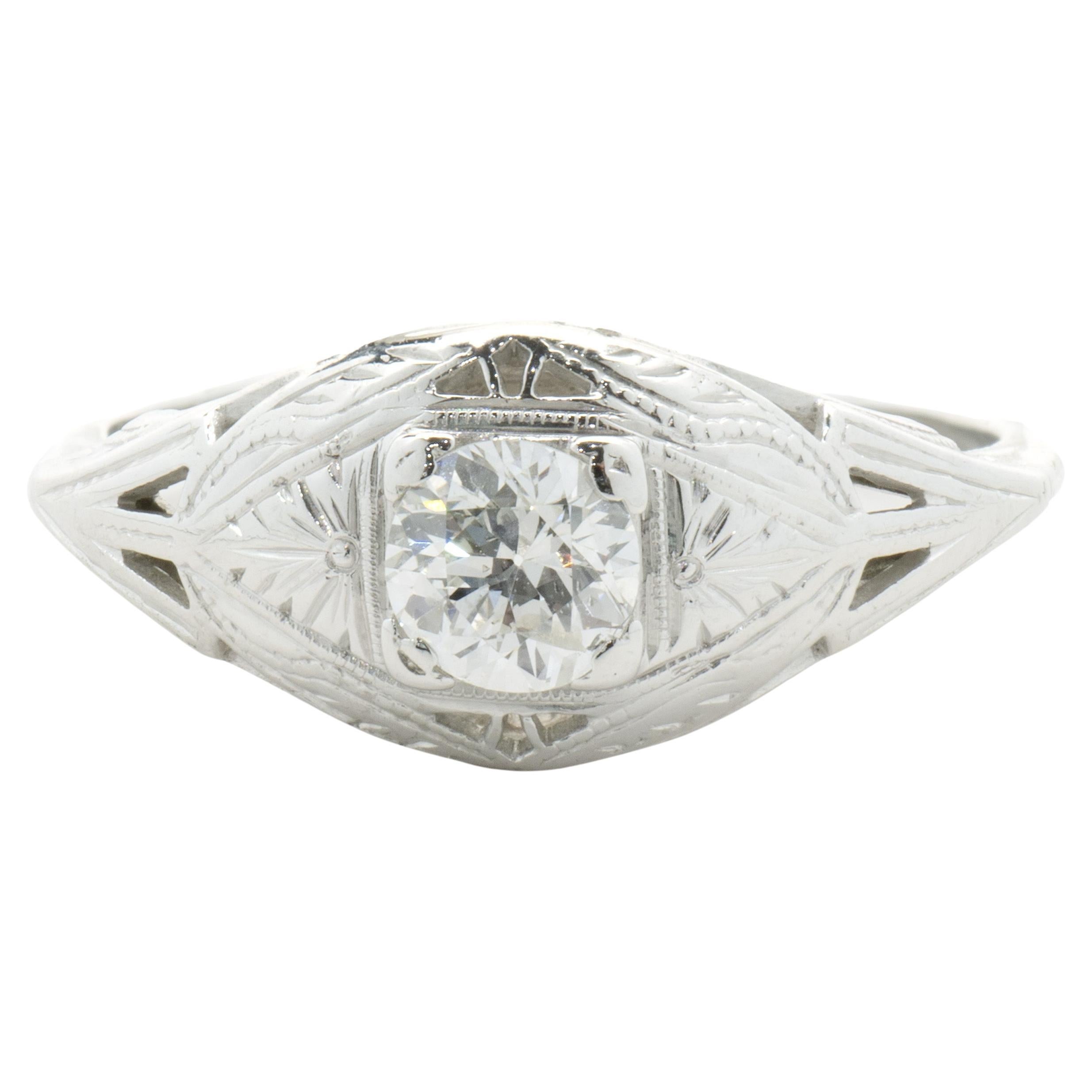 Bague de fiançailles Art déco vintage en or blanc 18 carats avec diamants