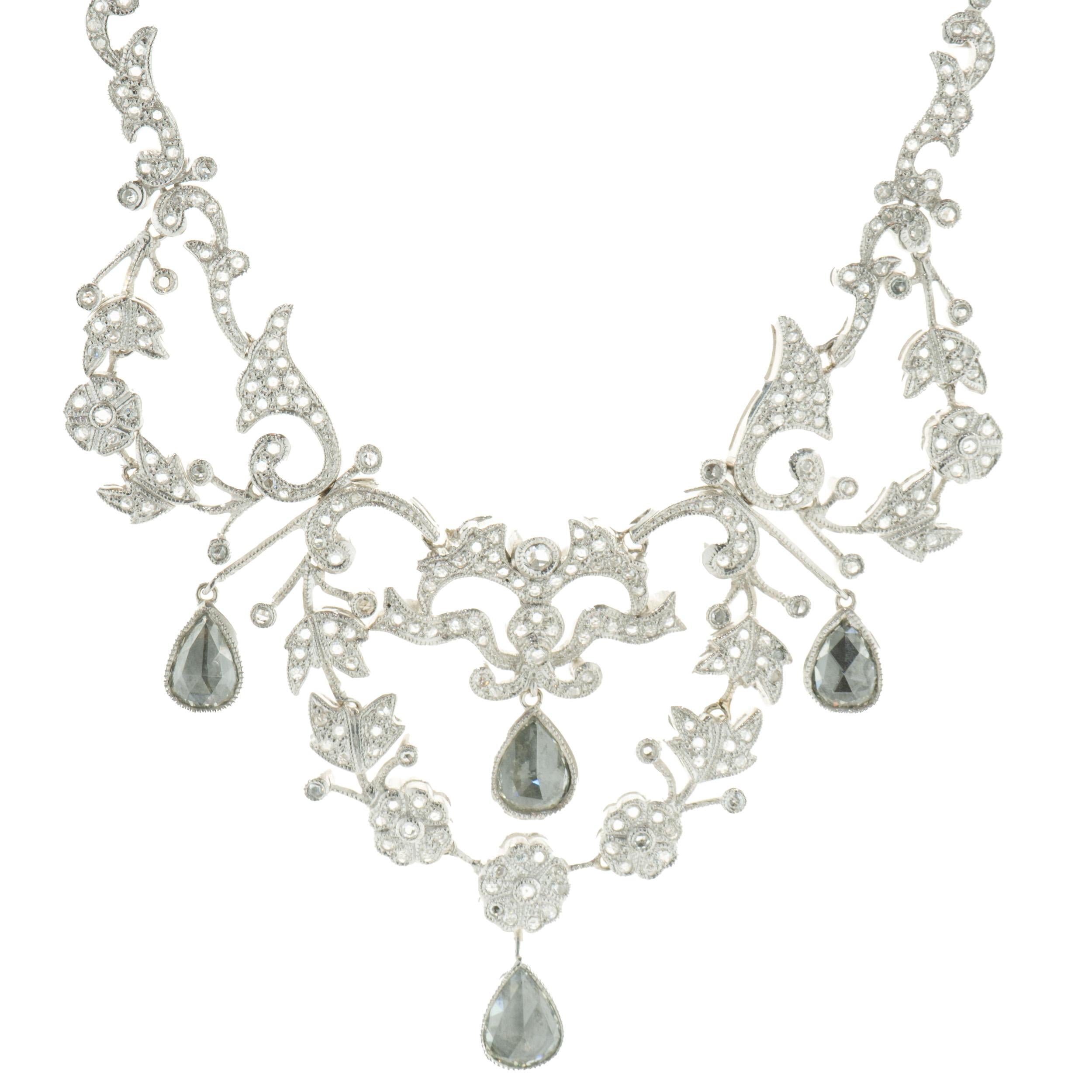 Designer: custom
Material: 18K white gold
Diamonds: round and pear rose cut = 3.49cttw
Color: H / I
Clarity: SI1-2
Dimensions: necklace measures 18-inches in length 
Weight: 26.6 grams