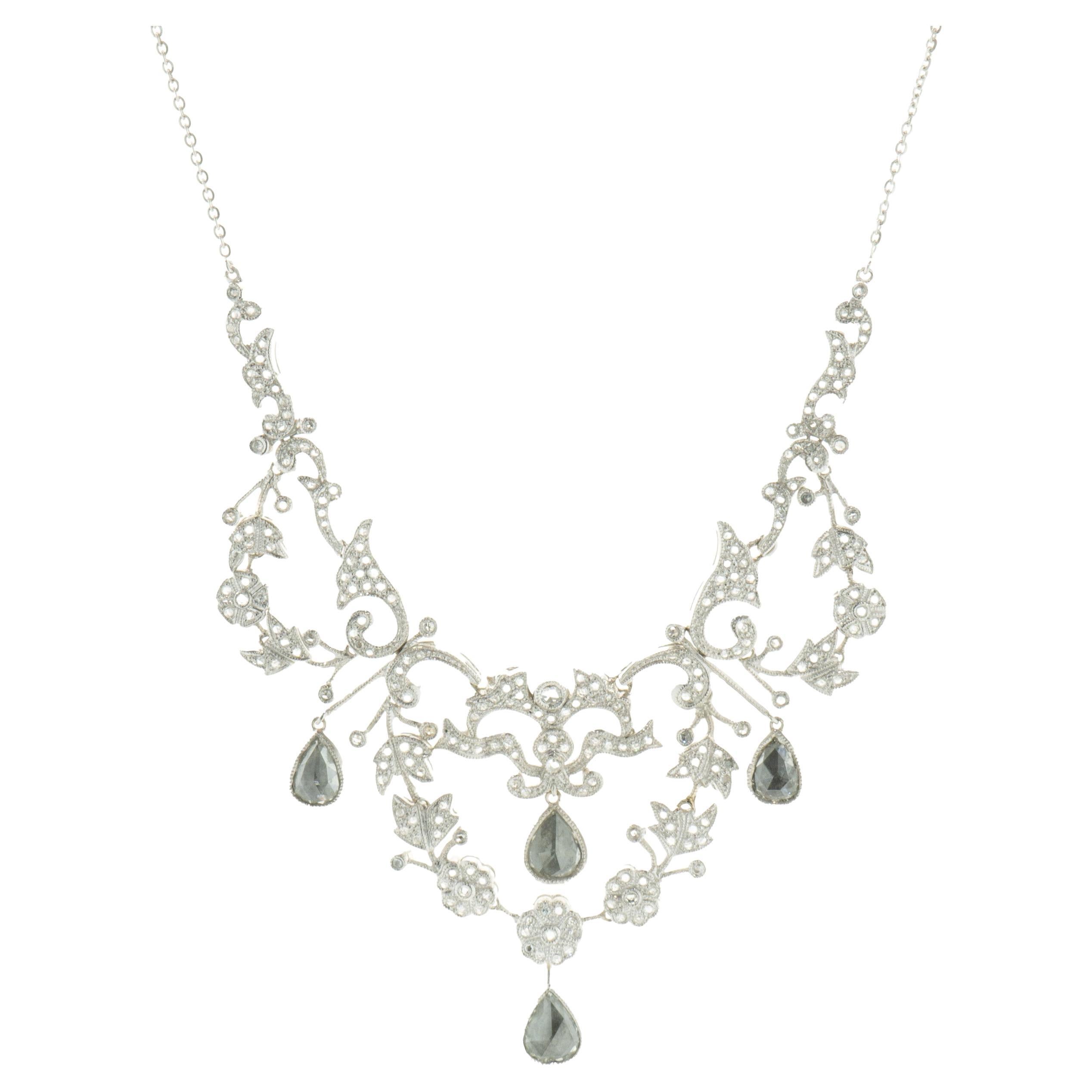 18 Karat White Gold Vintage Art Deco Rose Cut Diamond Collar Necklace For Sale