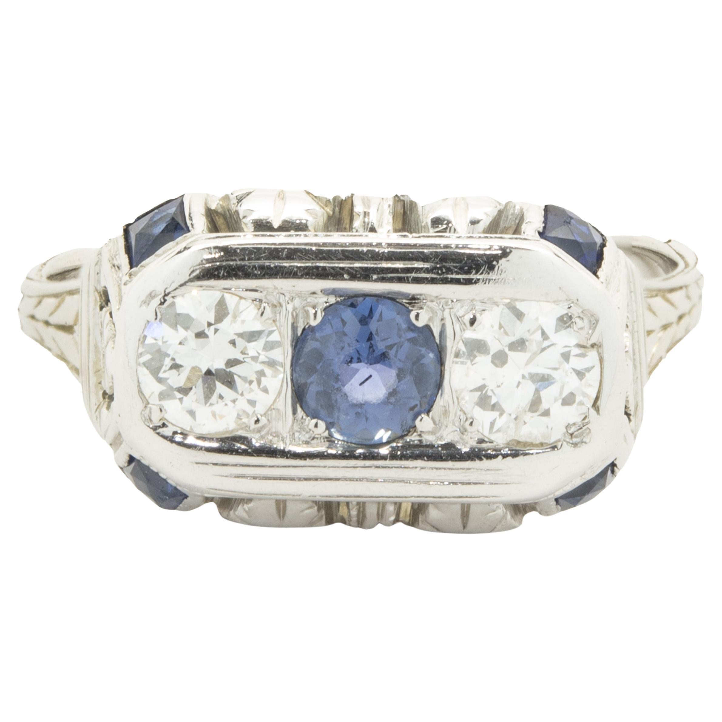 18 Karat White Gold Vintage Art-Deco Sapphire and Diamond Ring For Sale ...