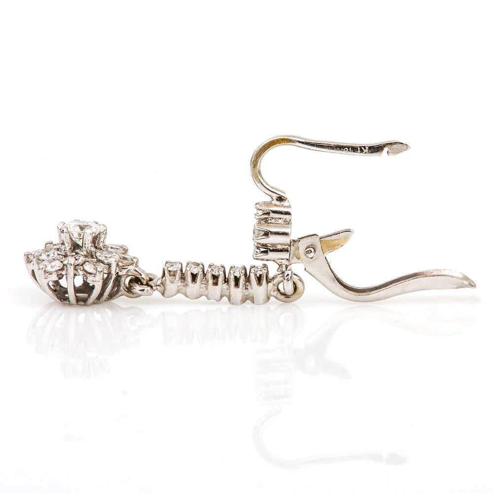 Round Cut 18 Karat White Gold Vintage Diamond Drop Daisy Cluster Earrings 0.75 Carat