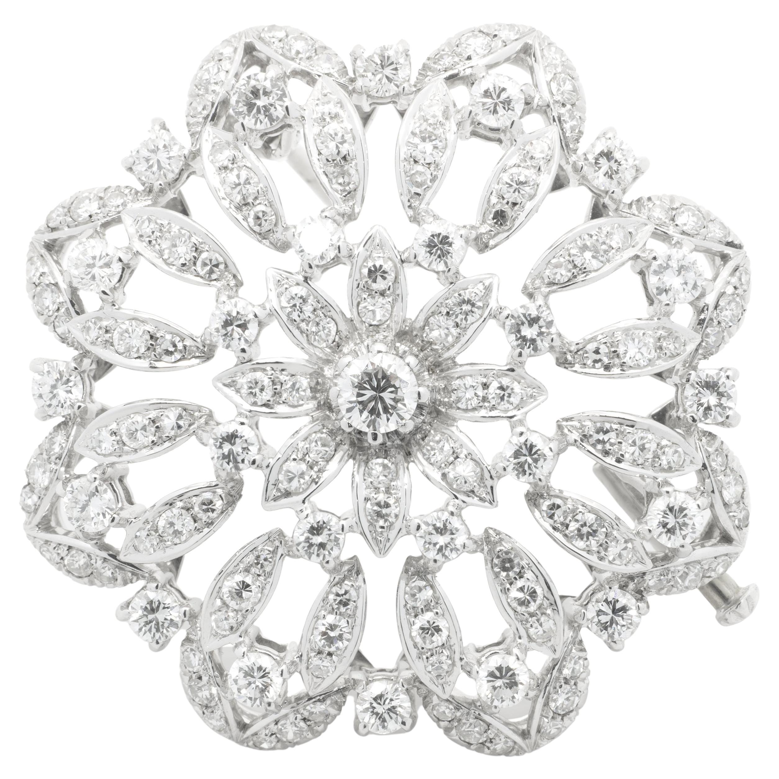 18 Karat White Gold Vintage Diamond Flower Pin For Sale