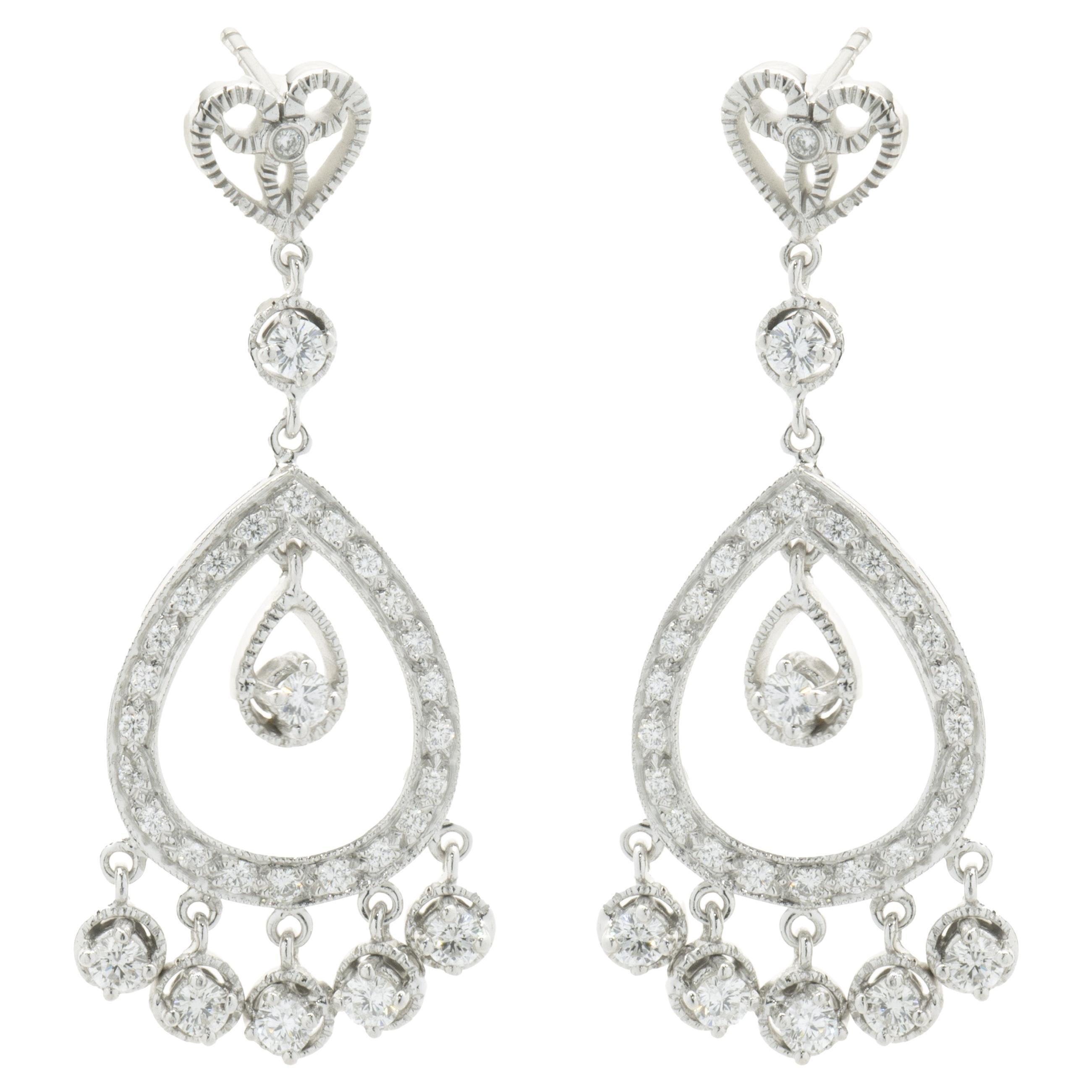 18 Karat White Gold Vintage Pear Shape Cutout Drop Earrings For Sale