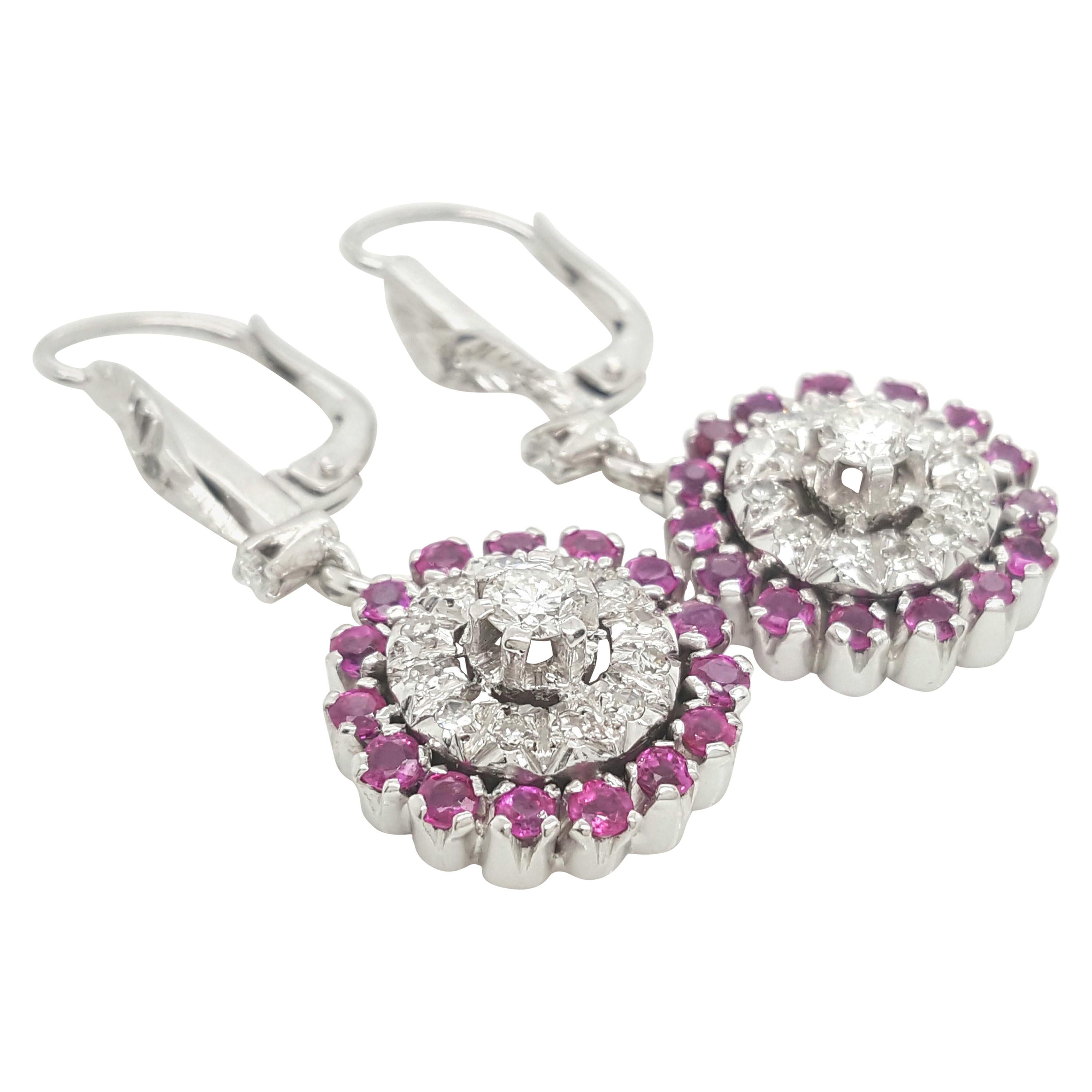 18 Karat White Gold Vintage Style Diamond and Ruby Double Halo Earrings For Sale