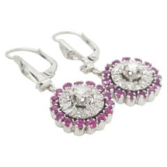 18 Karat White Gold Vintage Style Diamond and Ruby Double Halo Earrings