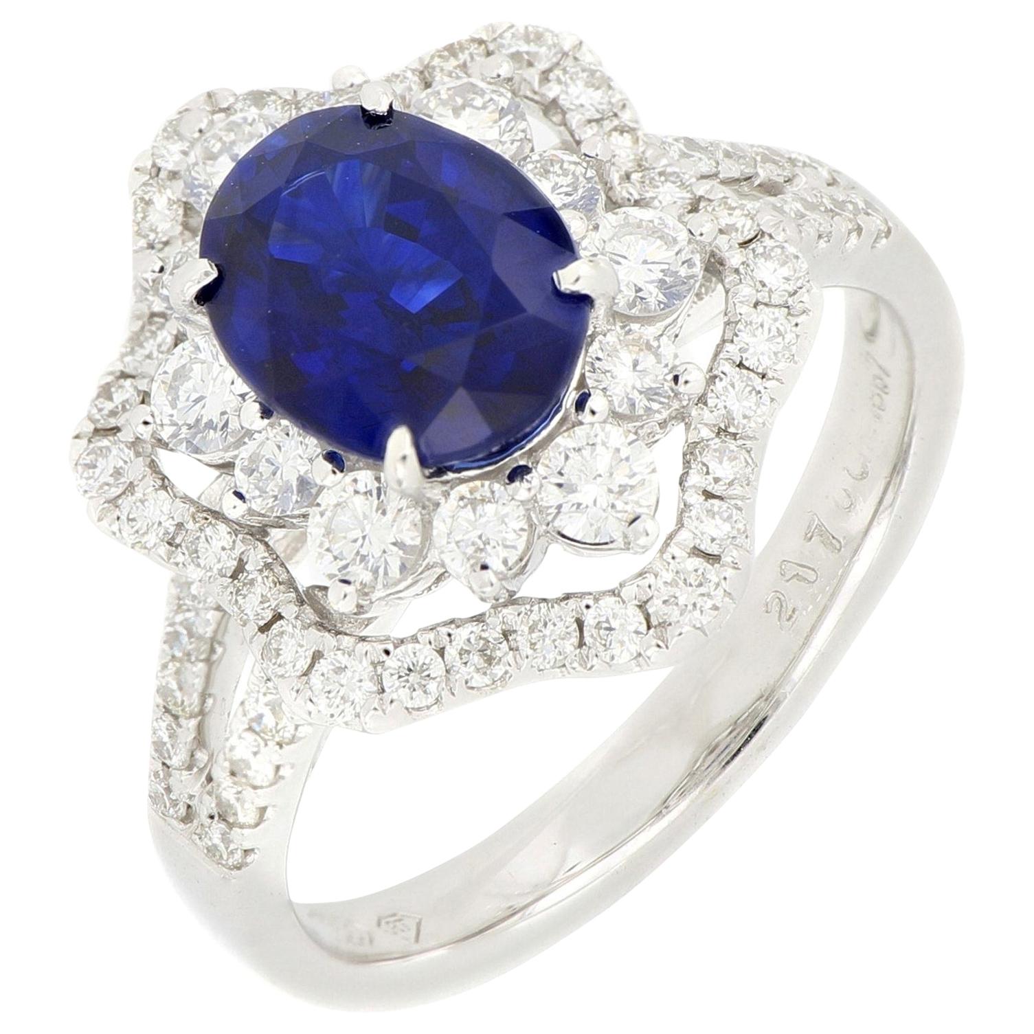 18 Karat White Gold Vivid Royal Blue Sapphire and Diamond Ring For Sale