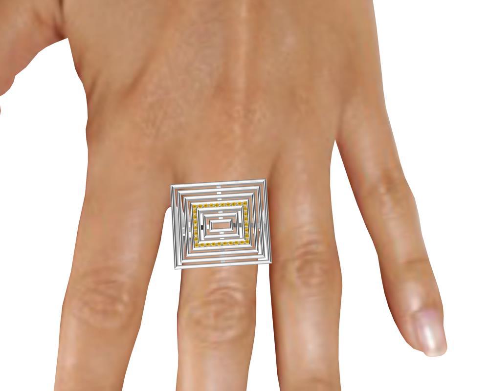 For Sale:  18 Karat White Gold Vivid Yellow Diamonds Rectangle Sculpture Ring 10