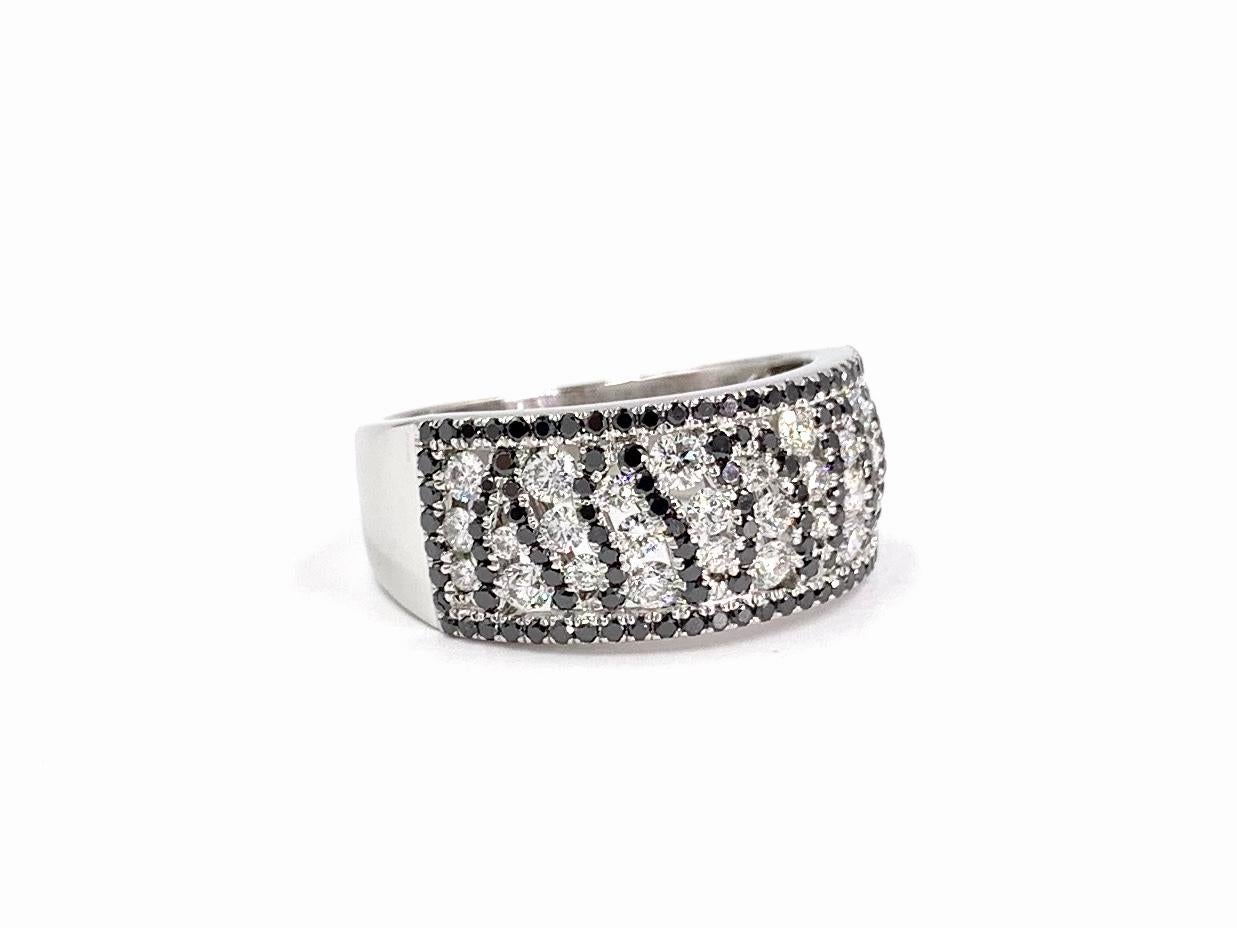 Contemporary 18 Karat White Gold White and Black Diamond Wide Ring