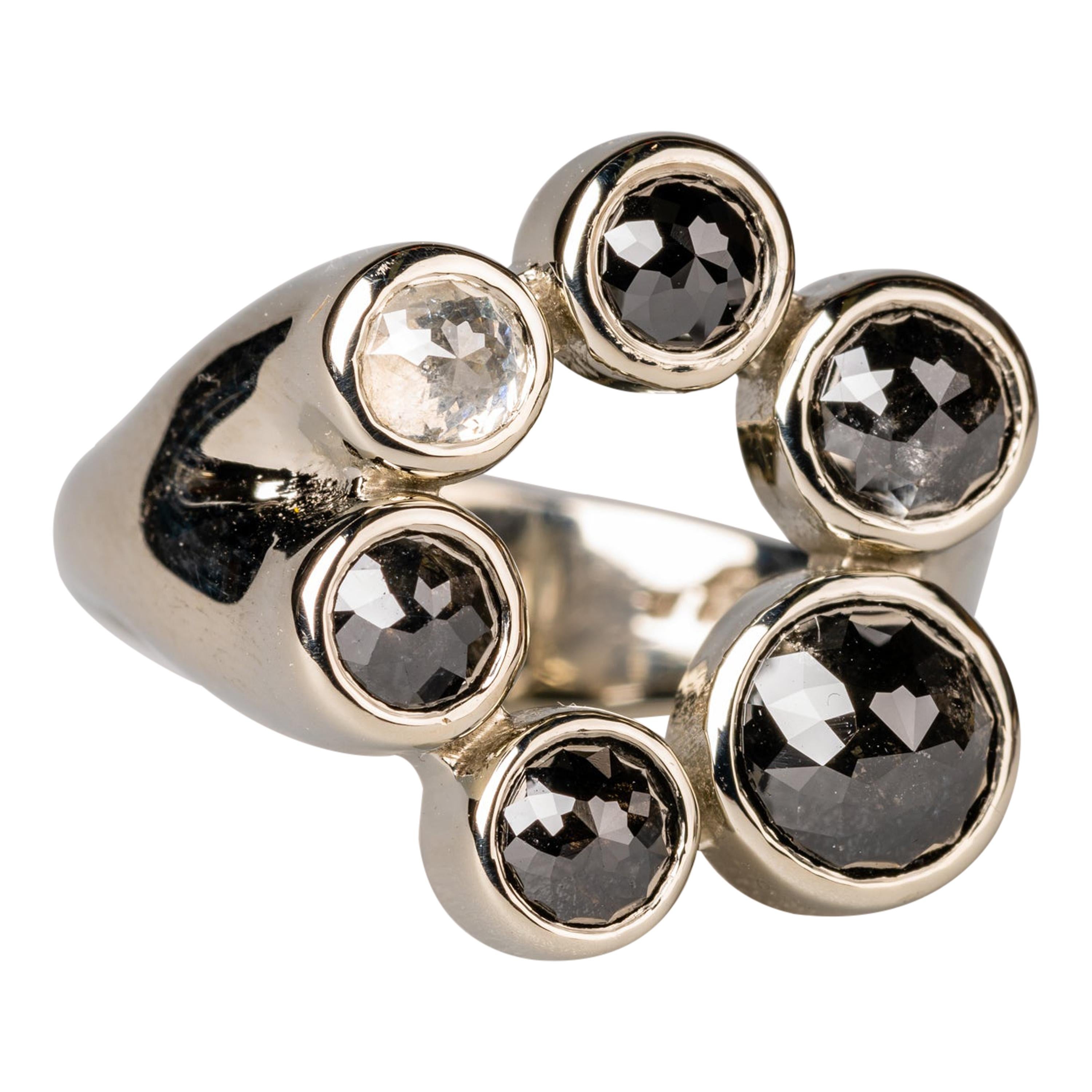 18 Karat White Gold White and Black Rose Cut Diamond Ring