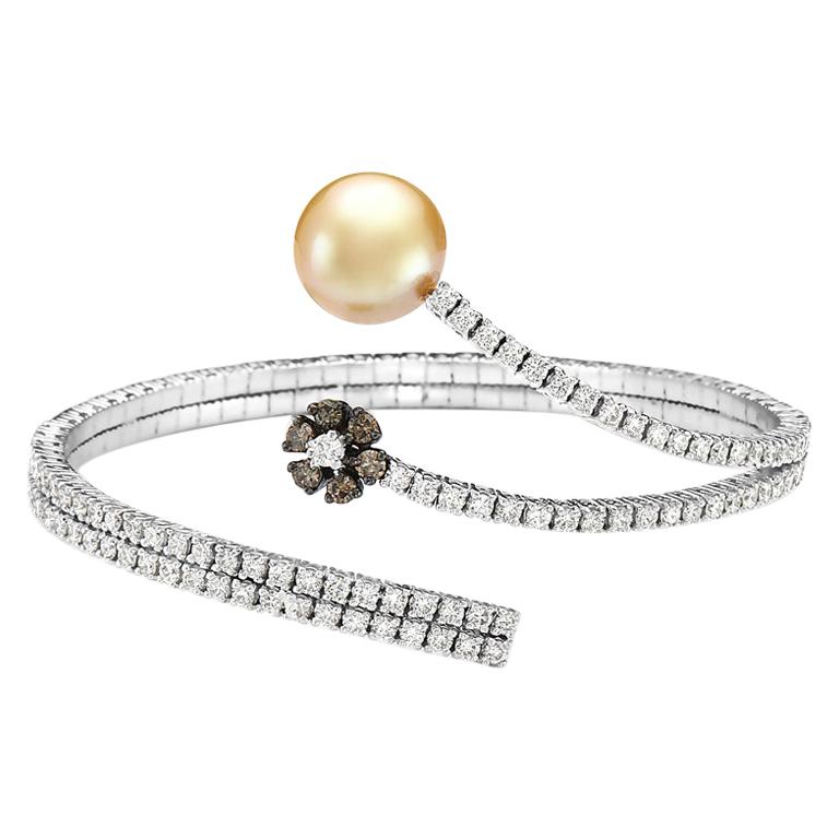 18 Karat White Gold White and Champagne Diamond Flower Wrap Pearl Bracelet For Sale