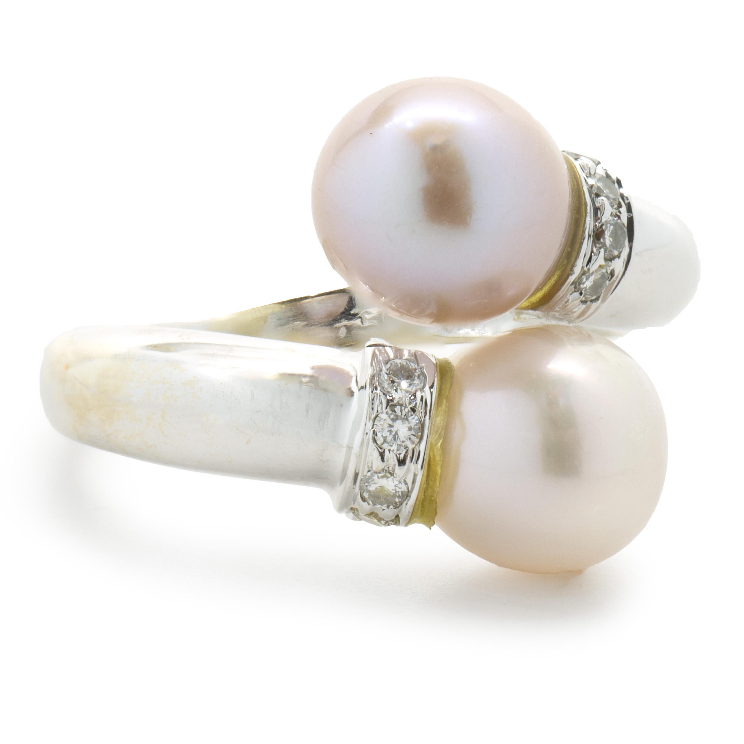 Round Cut 18 Karat White Gold White and Pink Pearl and Diamond Bypass Ring For Sale