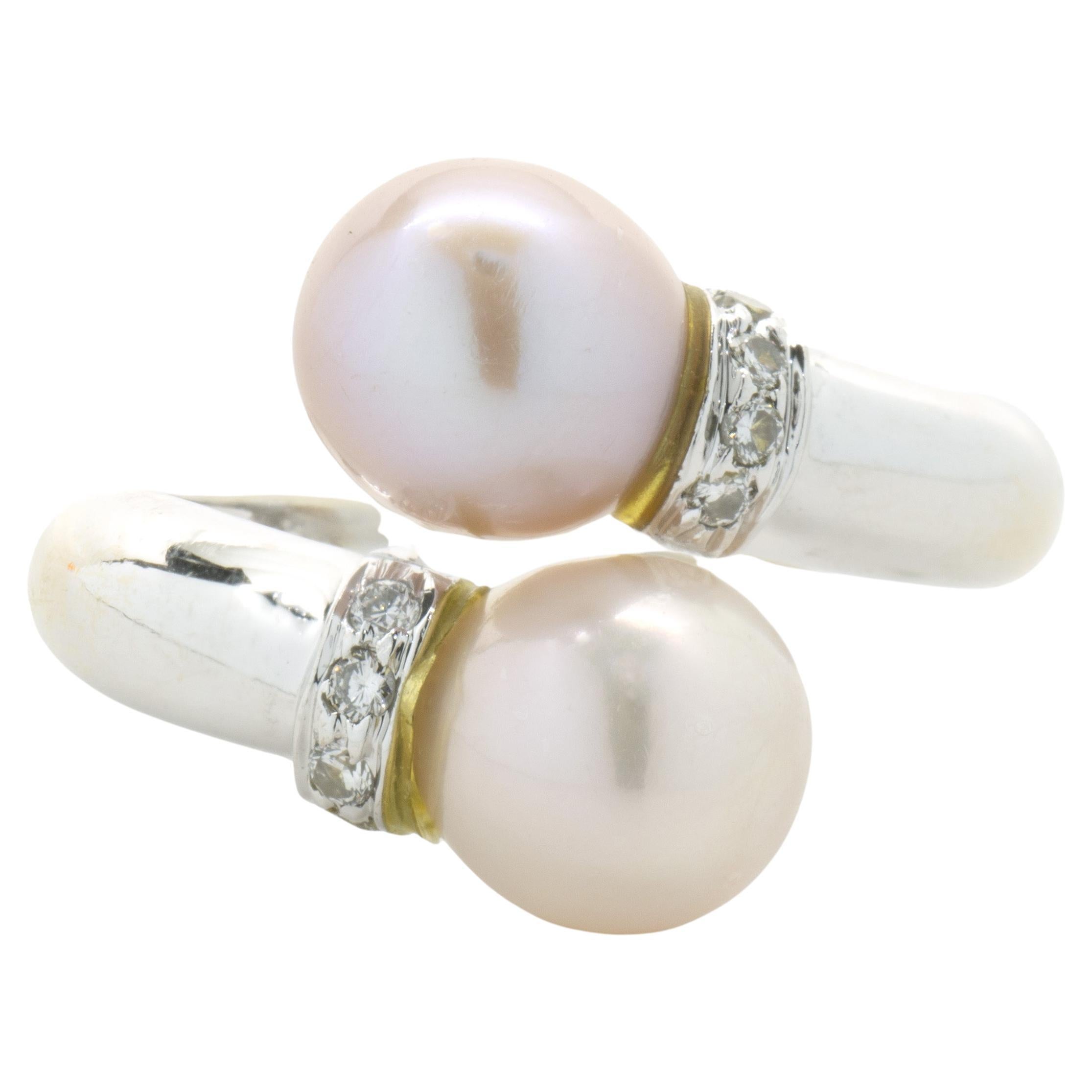 18 Karat White Gold White and Pink Pearl and Diamond Bypass Ring For Sale