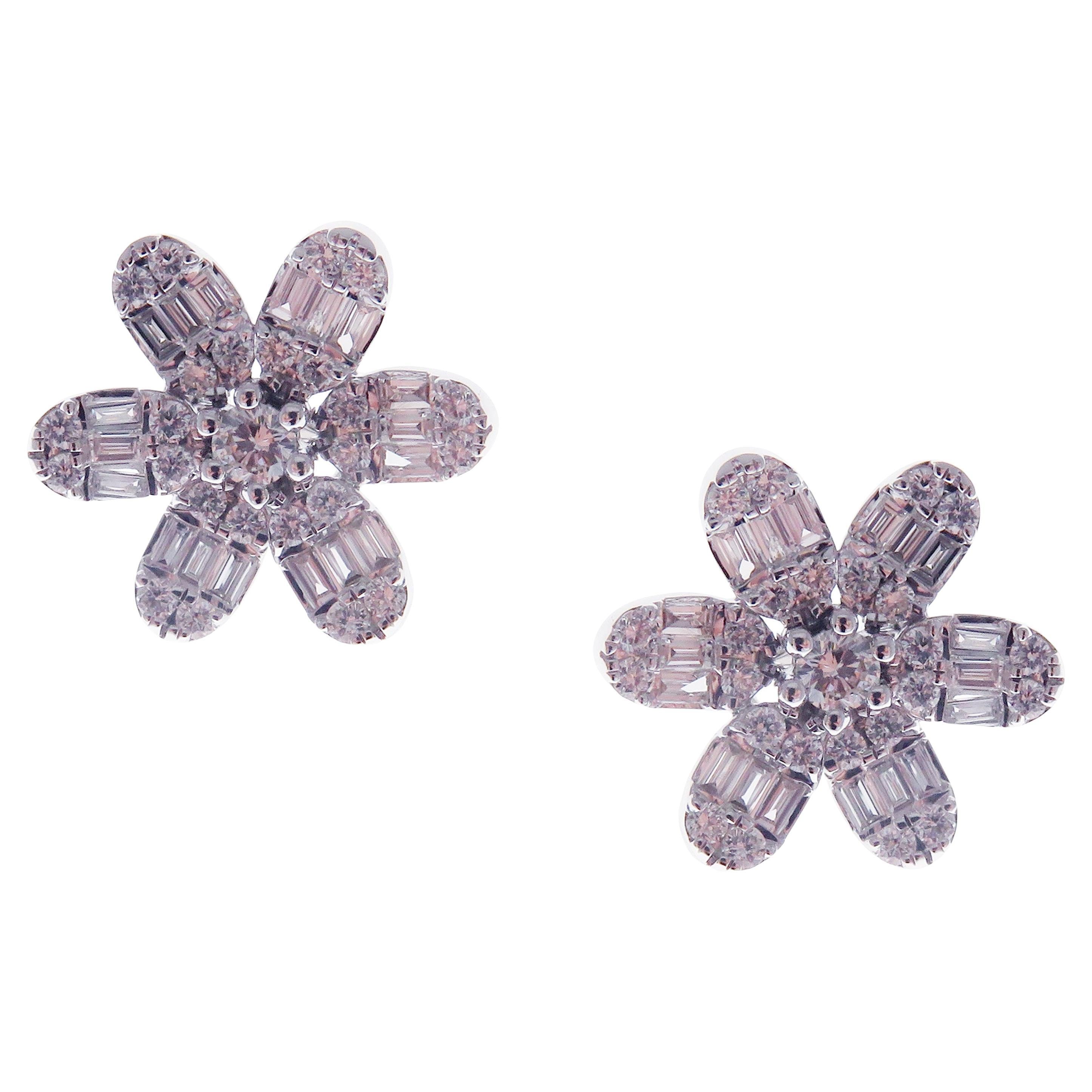 18-Karat White Gold White Baguette Diamonds Flower Stud Earrings For Sale