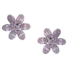 18-Karat White Gold White Baguette Diamonds Flower Stud Earrings