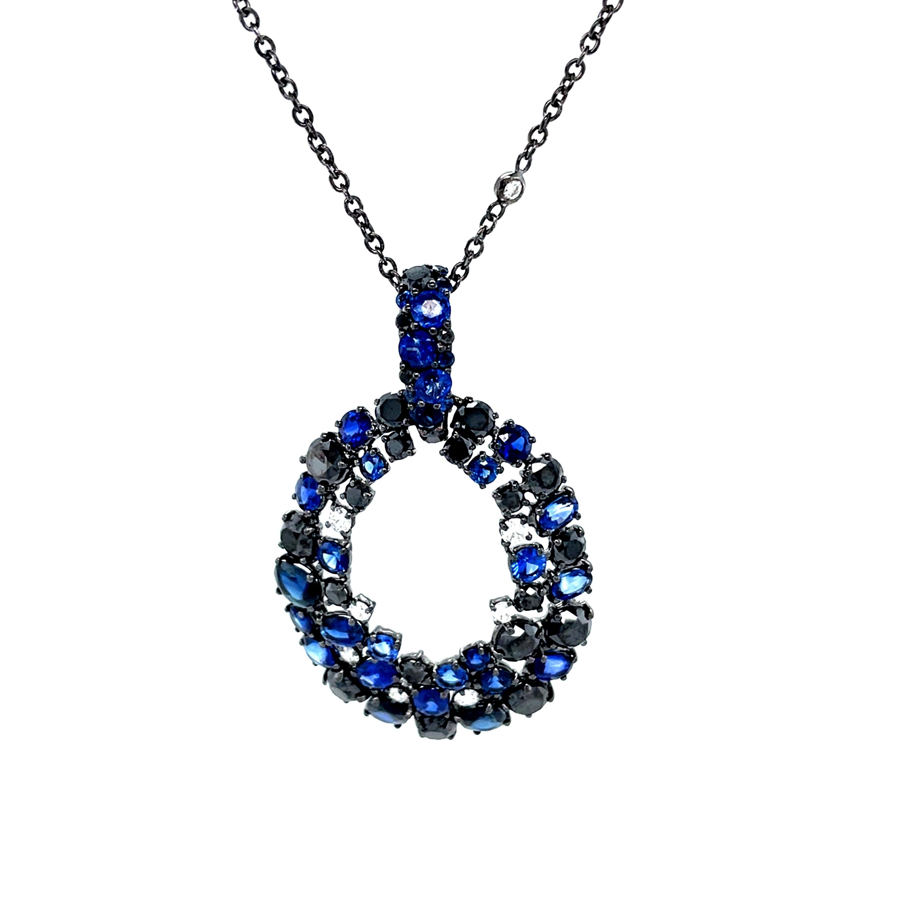 Contemporary Ocean Treasures Black Diamond Blue Sapphires Necklace For Sale