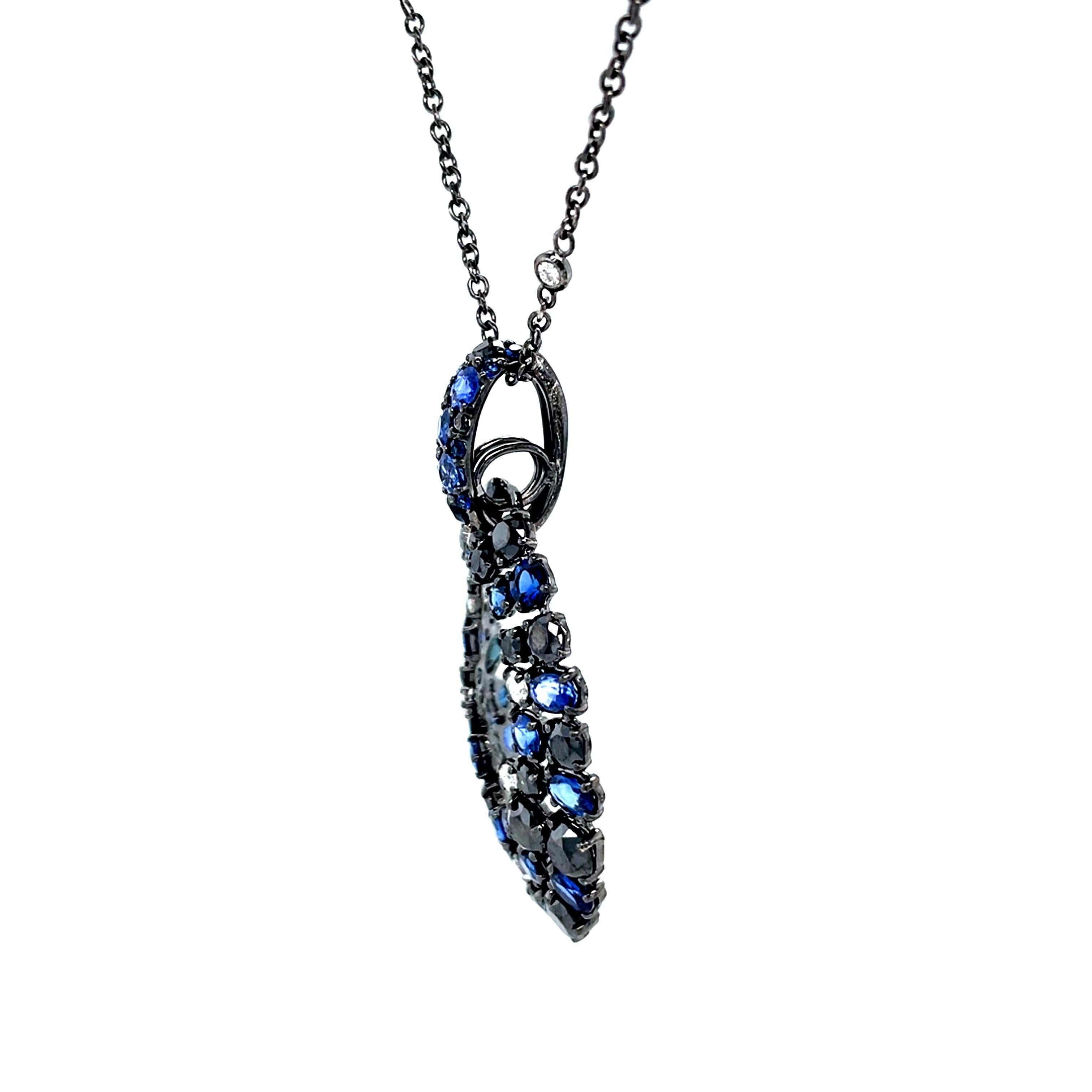 Ocean Treasures Black Diamond Blue Sapphires Necklace In New Condition For Sale In Monte-Carlo, MC