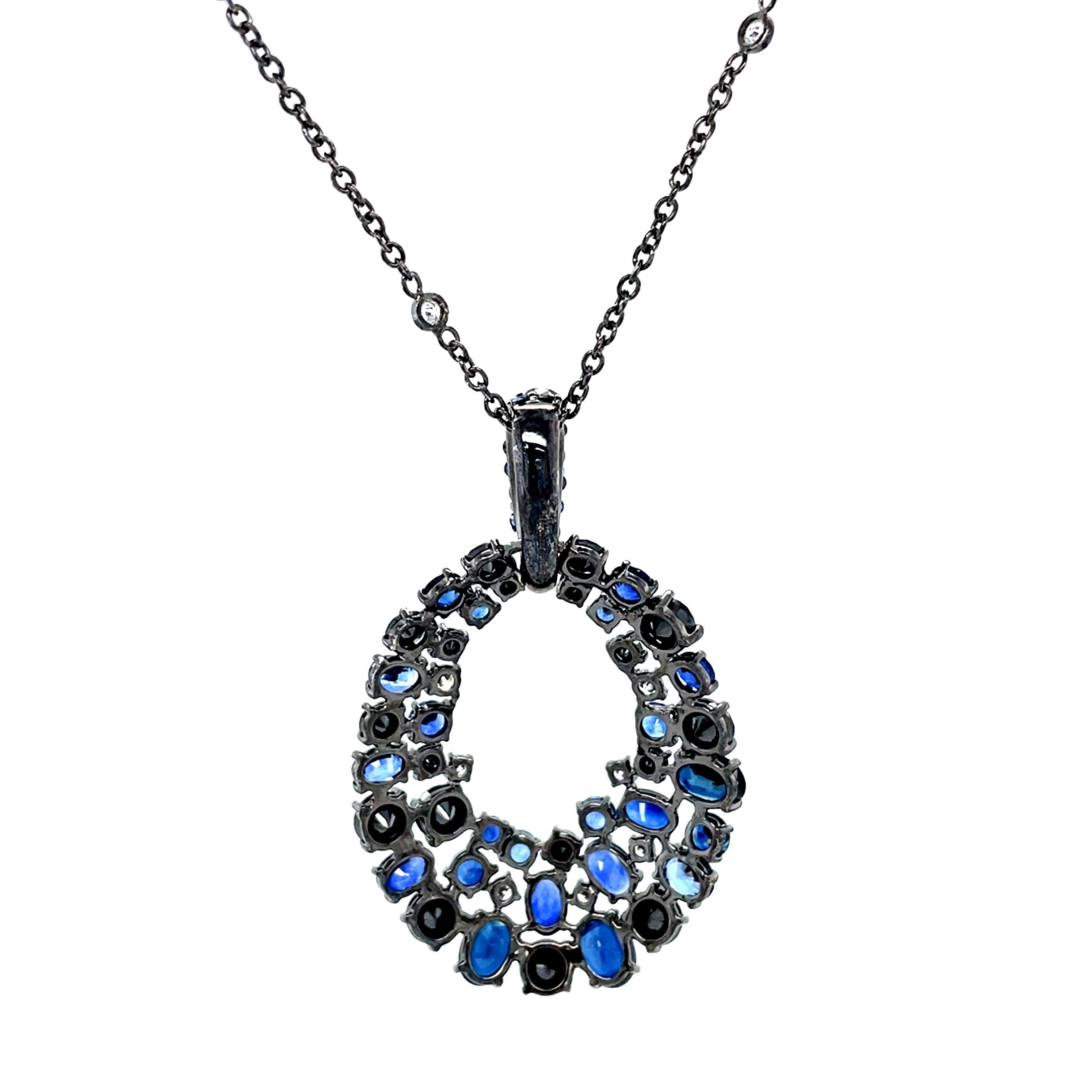 Women's Ocean Treasures Black Diamond Blue Sapphires Necklace For Sale