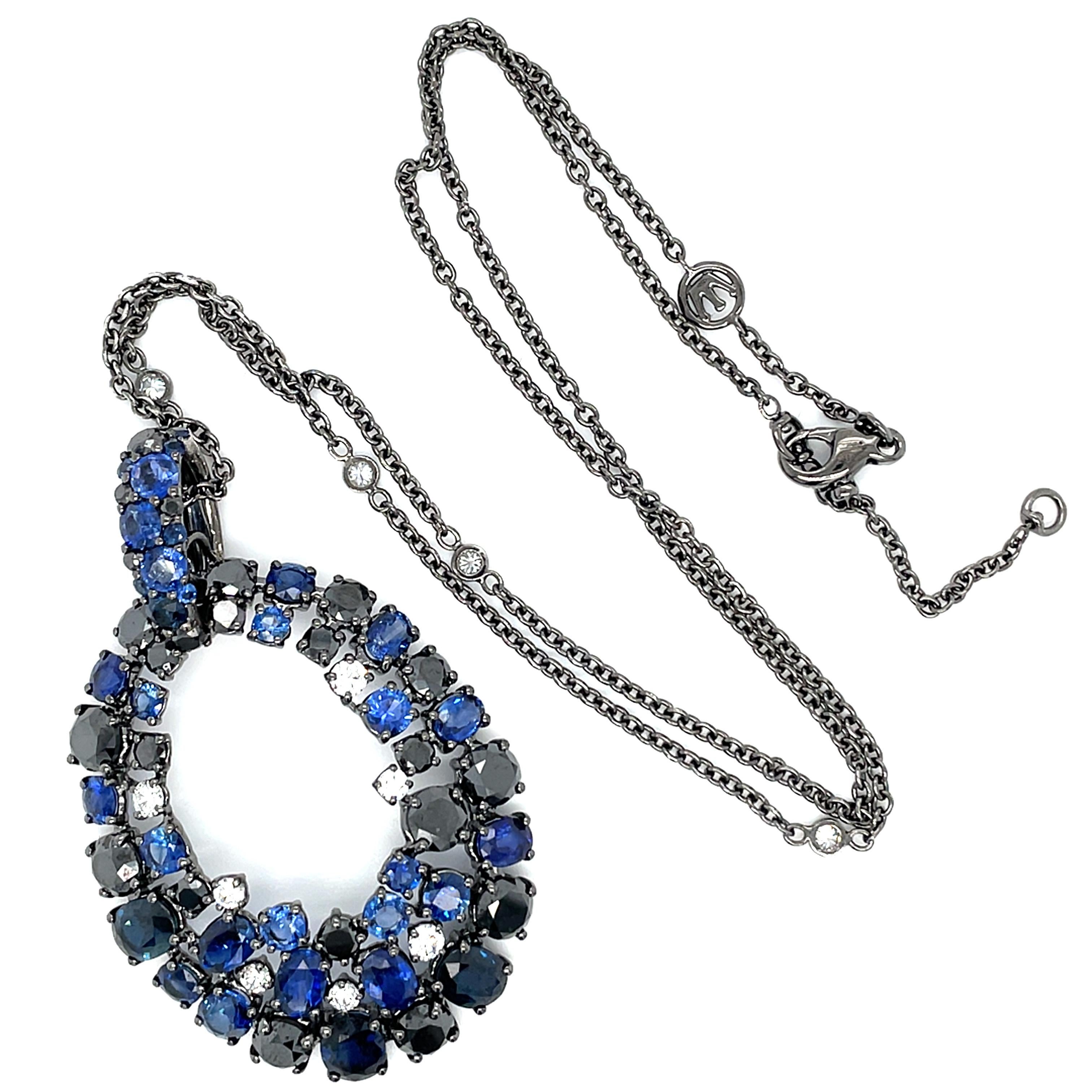 Ocean Treasures Black Diamond Blue Sapphires Necklace For Sale 1