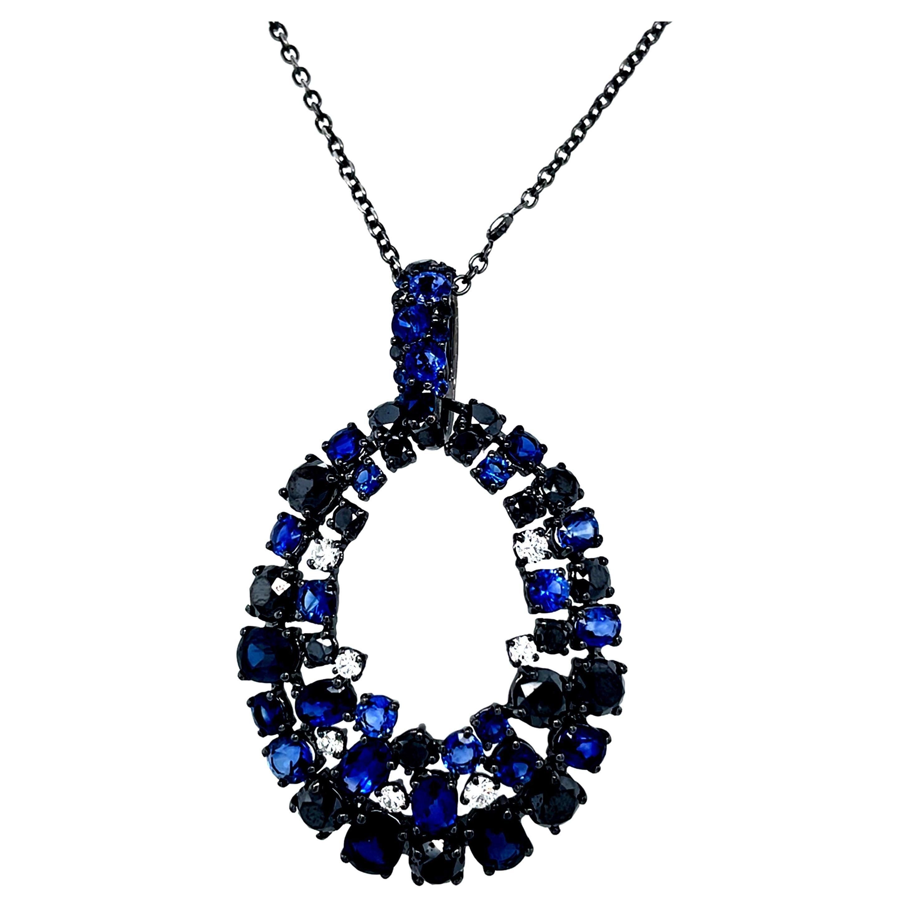 Ocean Treasures Black Diamond Blue Sapphires Necklace For Sale