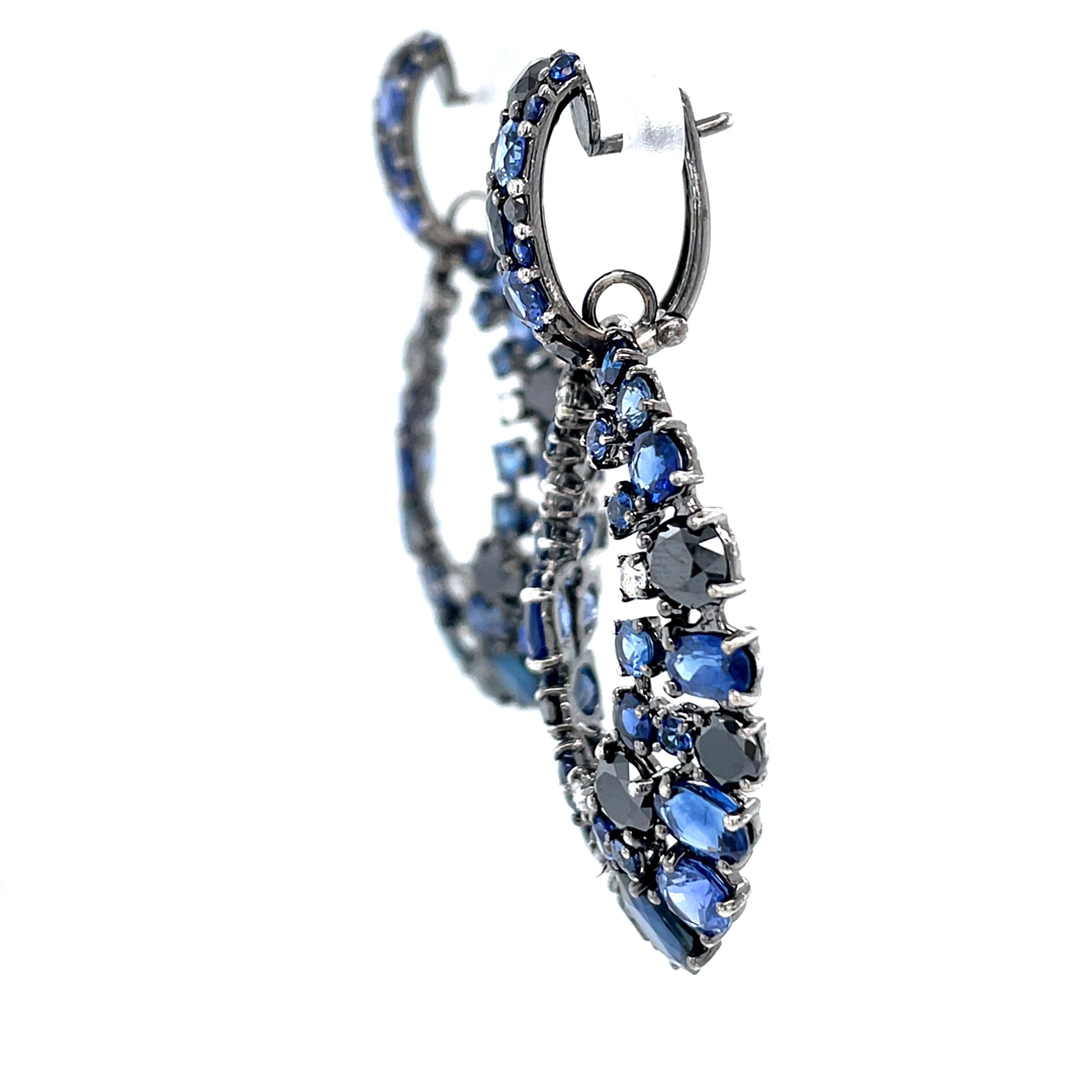 18 Karat White Gold White Black Diamonds Blue Sapphires Chandelier Earrings For Sale 1