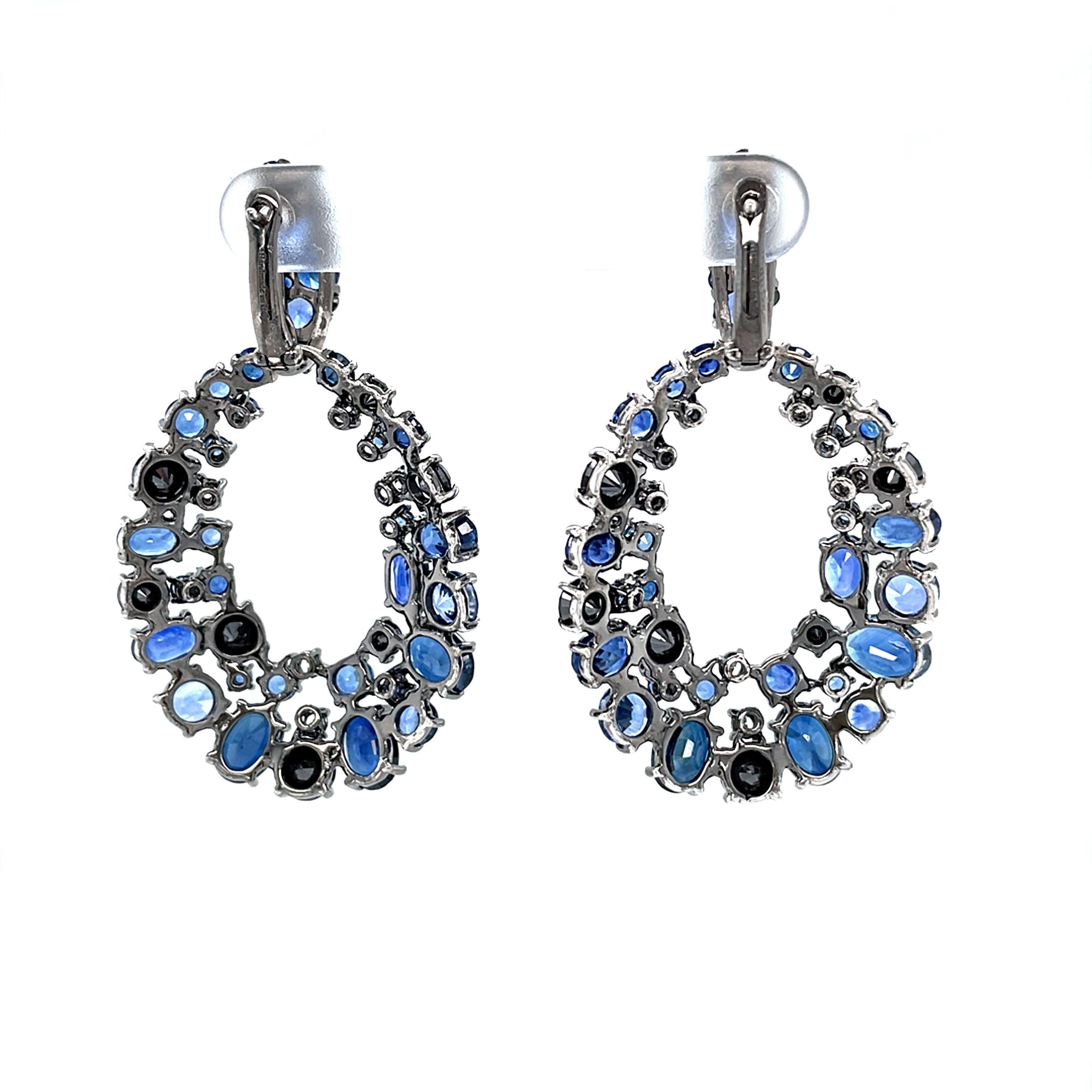 18 Karat White Gold White Black Diamonds Blue Sapphires Chandelier Earrings For Sale 2